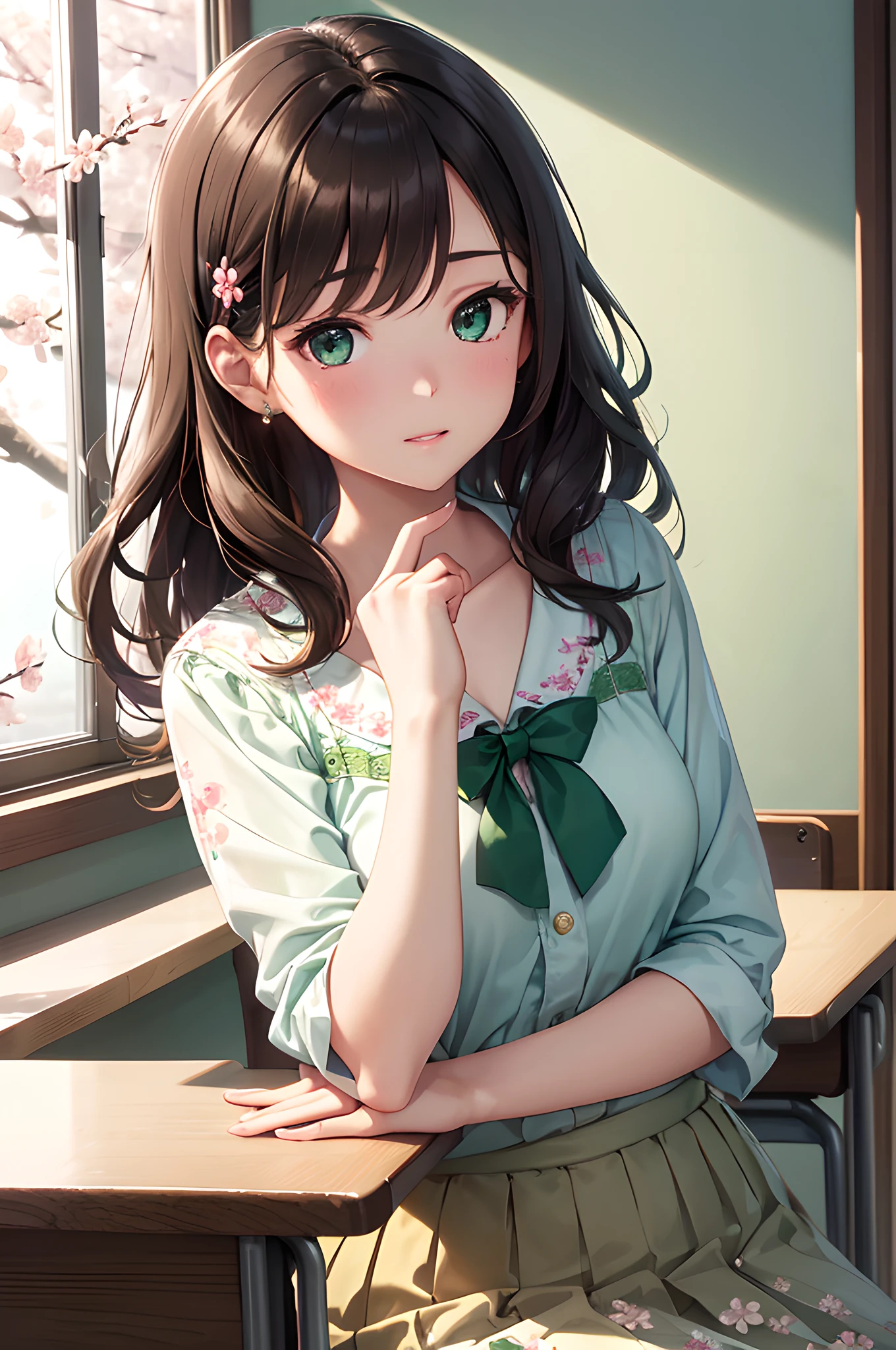 (masterpiece), (portrait), (aesthetic), (beautiful), (upper blody), (high quality), (aesthetic clothings), (professional angle), (rule of thirds), (Feminine), (woman), (female), (beautiful),(feminine features), (24 years), solo, 1 woman, (attractive Japanese), Spring, (Falling Cherry Blossoms), (Evening), (Soft light), ((Blowing a Kiss)), (Resting on a Desk Hands), ((Looking towards the Camera Face)), ((Joyful)), (Light and Fresh Make-up), (Moderate Bust), (Dainty Hairpin), ((Medium Length Hair)), (Dark Brown Hair), (Straight Hair), (Loose Waves hair), (Floral Hair Clip in Hair), (Half Open Eyes), (Emerald Green Eyes), (Cute Look), Fair skin, (Subtle Embroidery Clothing), (Flowy Blouse), (-), (A-line Skirt ), Sweetheart, ((Classroom background)), (Close-Up Shot)