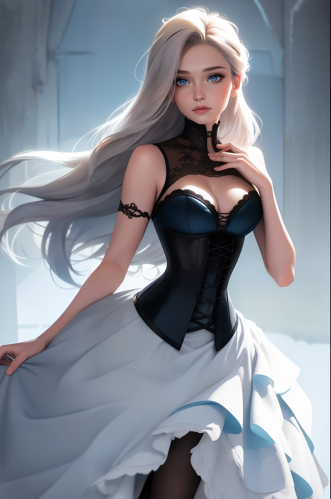 Best quality, masterpiece, (Elsa:0.8), upper body, blue eyes, full body, wearing a corset