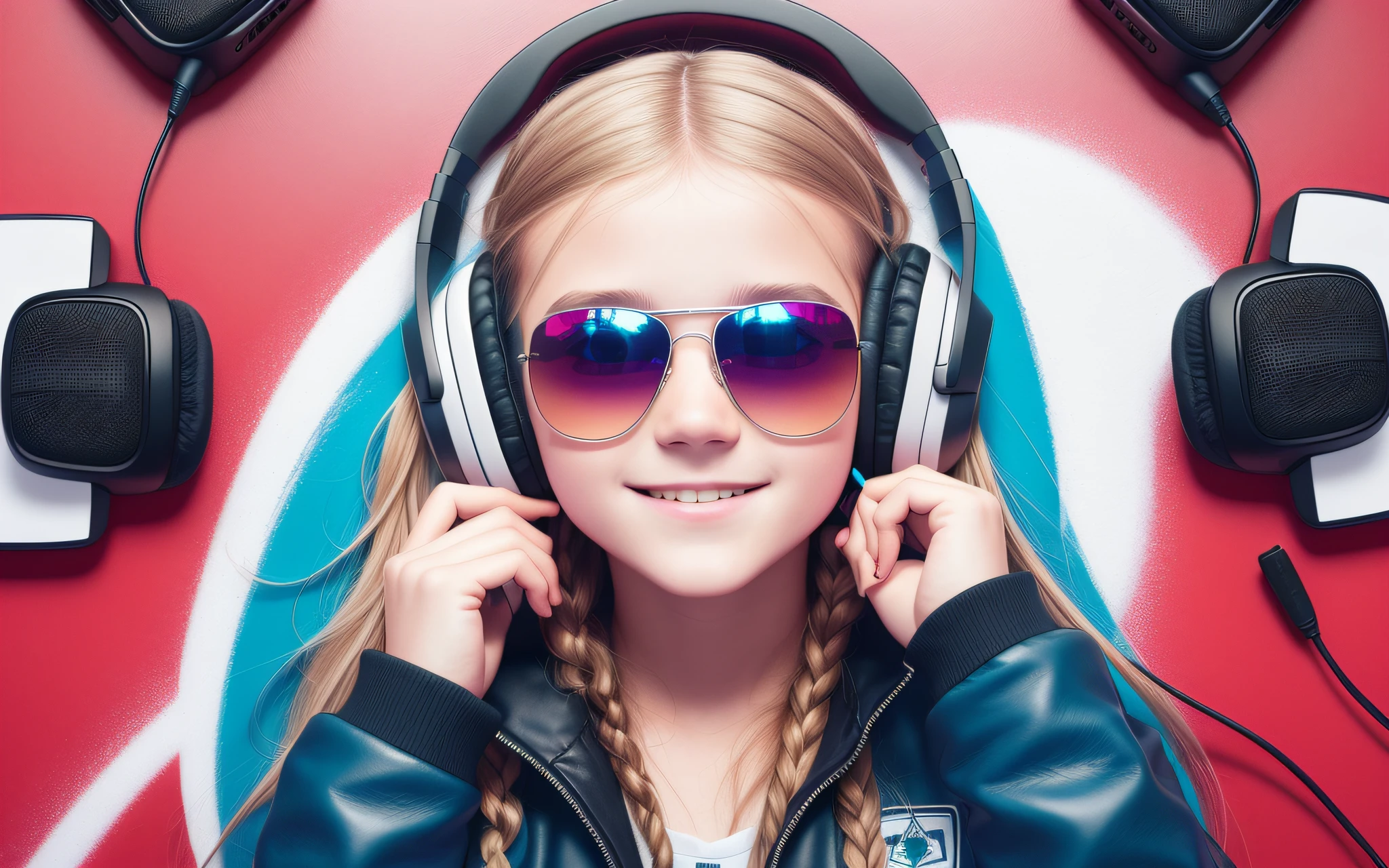 girl , long blonde hair of braids,portrait, with headphones and sunglasses, smiling and holding hands up, RED LEATHER JACKET, girl wearing headphones, listening to music, wearing headphones, with headphones, with headphones, wearing a headset, vibrating with music, listening to pious music, Using headphone jack, using headset for gaming, tinnitus, high quality portrait, headphones on, , digital art H 9 6 0,, (white background: 1.3). , A closeup of a CD and a CD box on a table, Packshot, CDs, CD Jacket, DVD Package, Medium Close Shot, Detailed Product Image, Medium Wide Shot, Medium Closeup, Close Medium Shot, New Boards of Canada album cover, soft vinyl, round format, Boards of Canada album cover, BLU - Ray Transfer 5 K, Fujifilm"