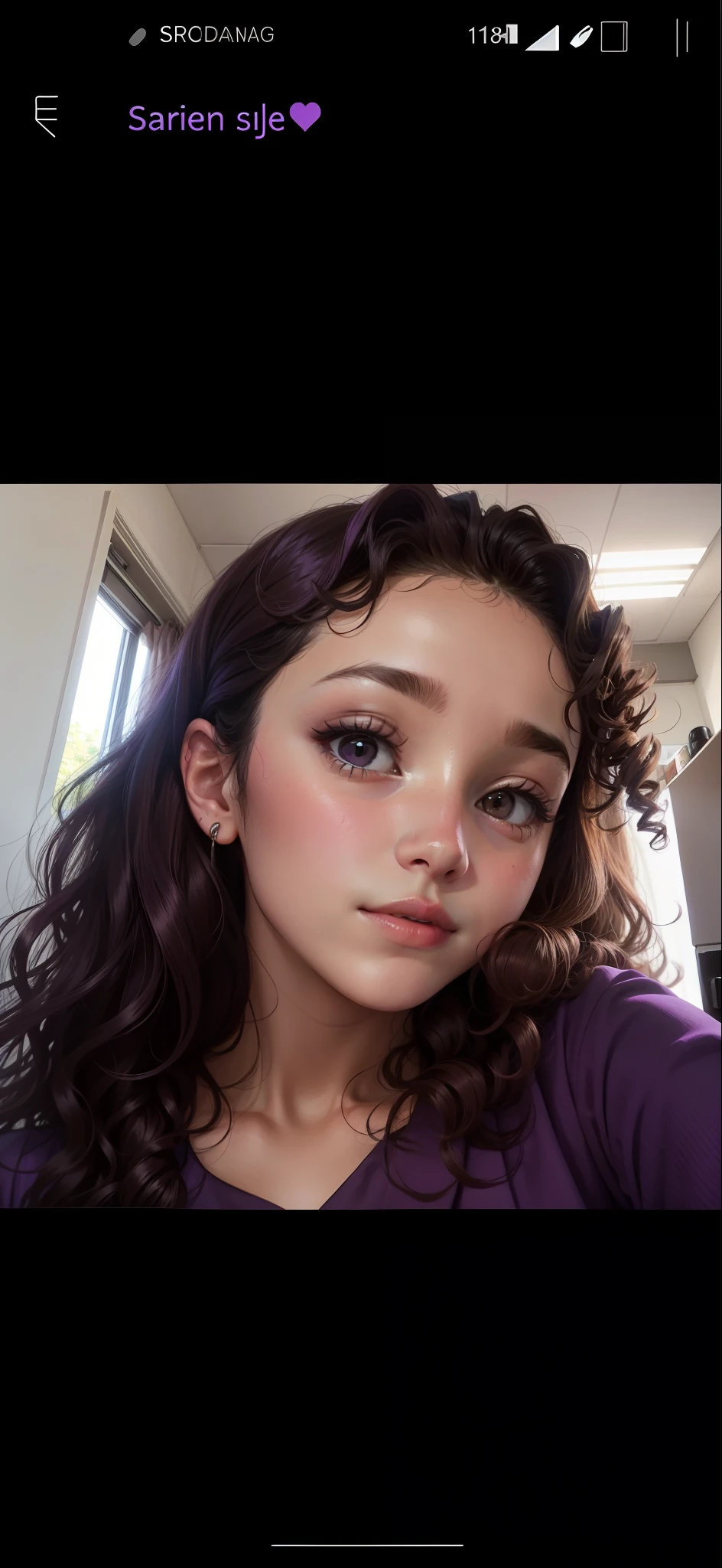 There's a curly-haired girl. Profile picture. Purple blouse. Round face