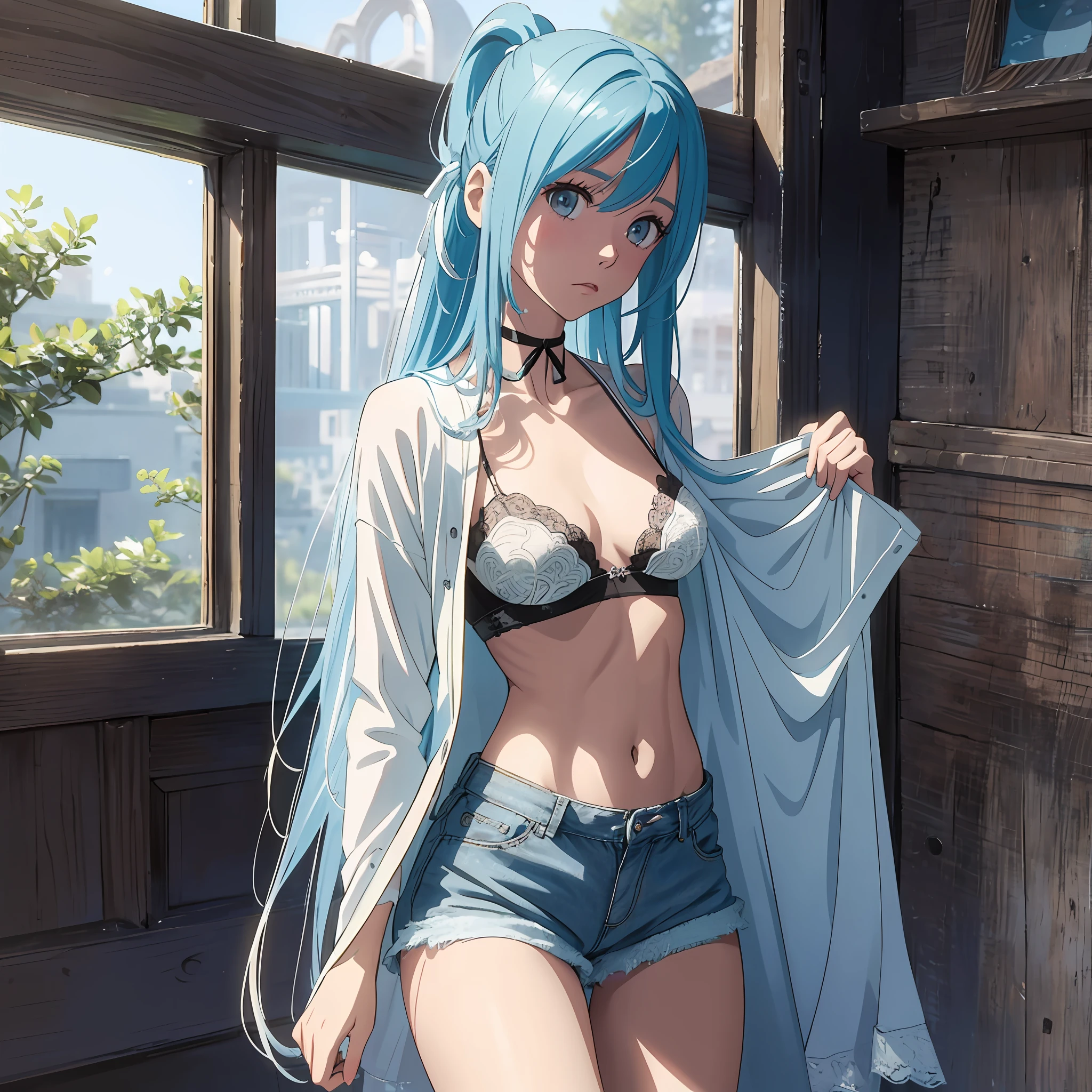 1 western girl, slim body, human levitation, tight coat, cyan lace bra, s(very small eios), white jean shorts, long straight hair ponytail, black and white colored hair, lunar terrain in background --auto --s2