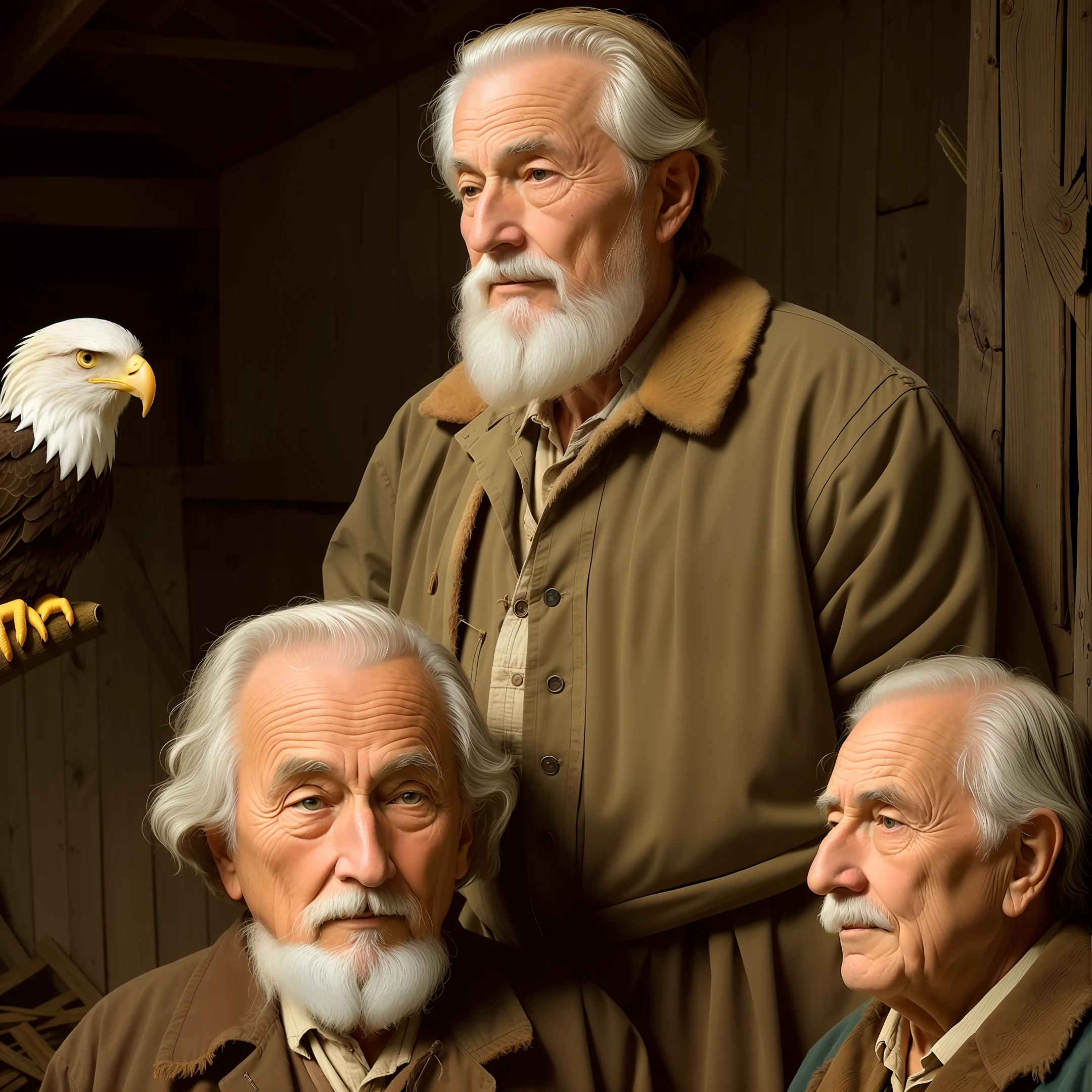 : high definition masterpiece and 8k image quality of an Image of the wise old man and the eagle on his side in the abandoned barn