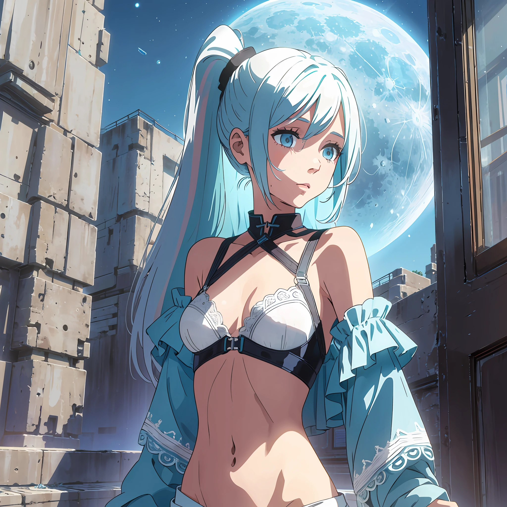 1 western girl, slim body, human levitation, tight coat, cyan lace bra, s(very small eios), white jean shorts, long straight hair ponytail, black and white colored hair, lunar terrain in background --auto --s2