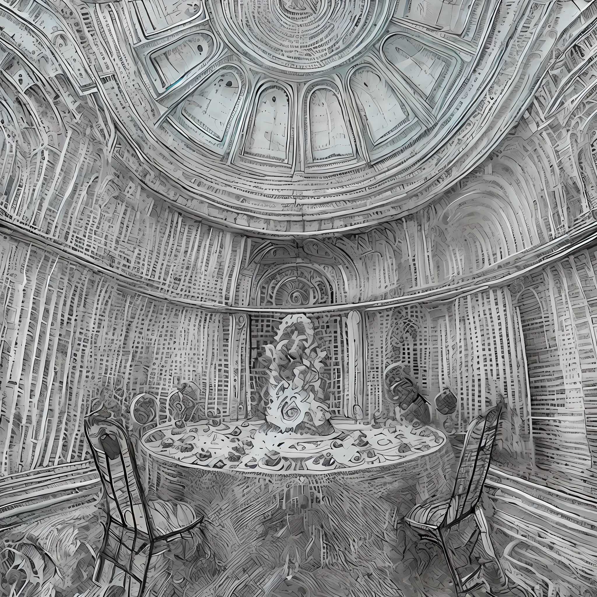 A handmade drawing in black and white on a parchment, round table, a celestial room, overnight with ((gods sitting looking and smiling)), celestial, masterpiece, detailed, handmade, artbook, pencil, art, (Leonardo da Vinci), abandoned, destroyed, homeless, shadow, darkness, light, celestial