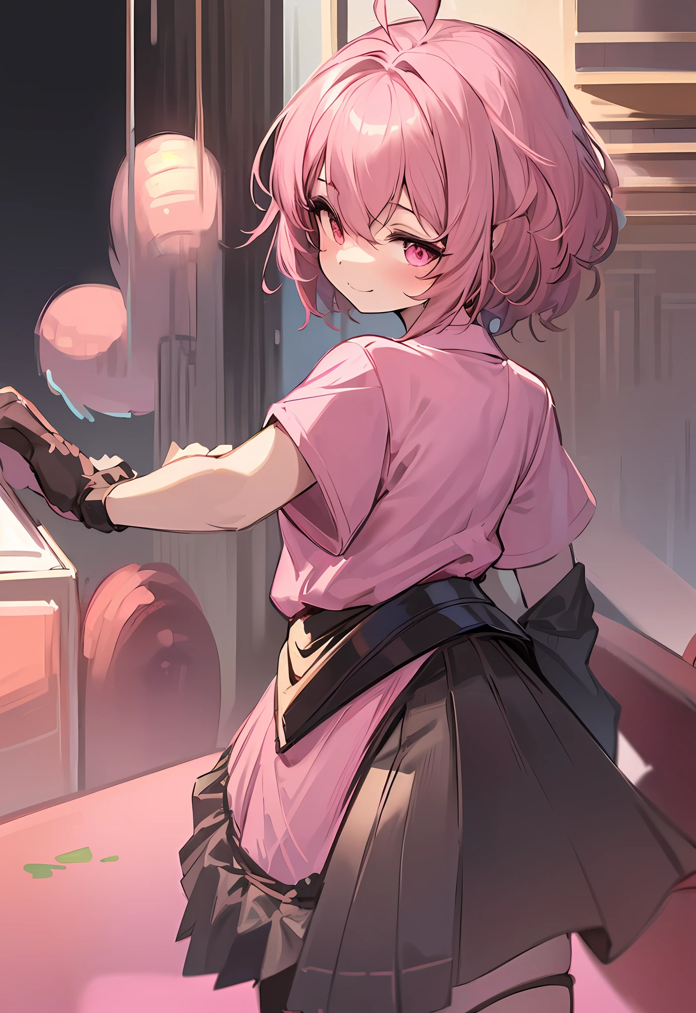 ((masterpiece, best quality)), (1girl), (solo), (female focus), (sexy), (ahoge, pink hair, short hair), pink eyes, light smile, ((pink shirt), (sexy shirt)), ((black skirt), (short skirt)), standing, white background, arms behind back, looking forward