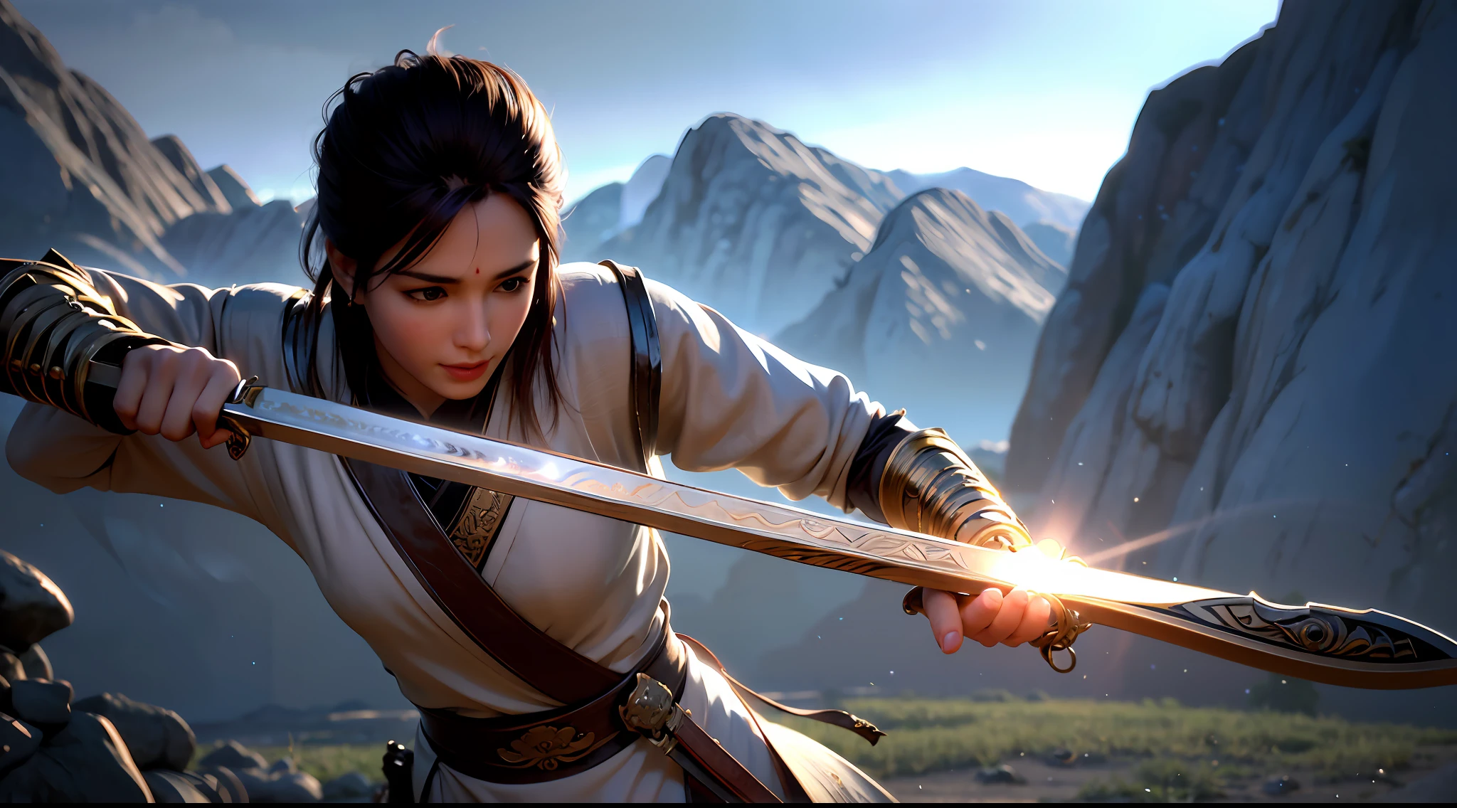 a close up of a person holding a sword in a field, jiang sword, war blade weapon, shinning sword, wielding a keris sword, fantasy blade, beautiful sword, huge oversized sword, holding a fantasy sword, fantasy sword, fantasy sword of warrior, style of ghost blade, holding a colossal sword, wielding a magical sword, holding a giant sword, shining sword