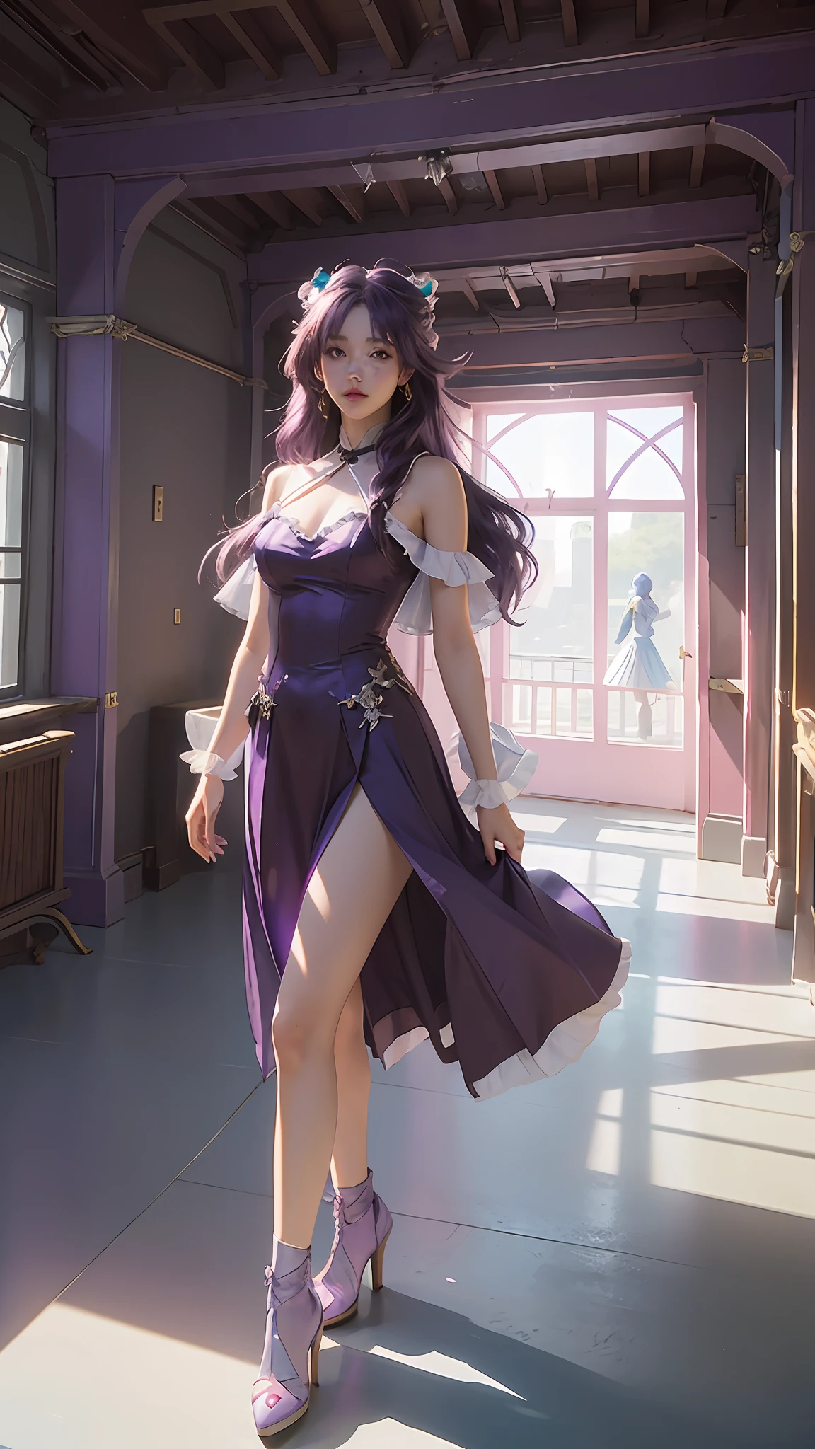 Extreme Detail, Painting Detailing, The Most Delicate Effects, Character Painting, The Most Delicate Texture Effects, Light and Shadow Real, Highest Quality of Work, Color Processing, 8K, Anime Illustrations, A Beautiful Girl, (Idol Girl), Long Hair, ((Purple Hair)), ((Purple Hole)), ((Cover Design)), Bright Eyes, ((Scene for Stage)), ((Costume Pink, Red, White, Blue)), (Full Body Image), (Lighting Effects), (Complex Scene), Ray Tracing, Light and shadow detail, strongest detailing, shadows, design painting, art, 8K