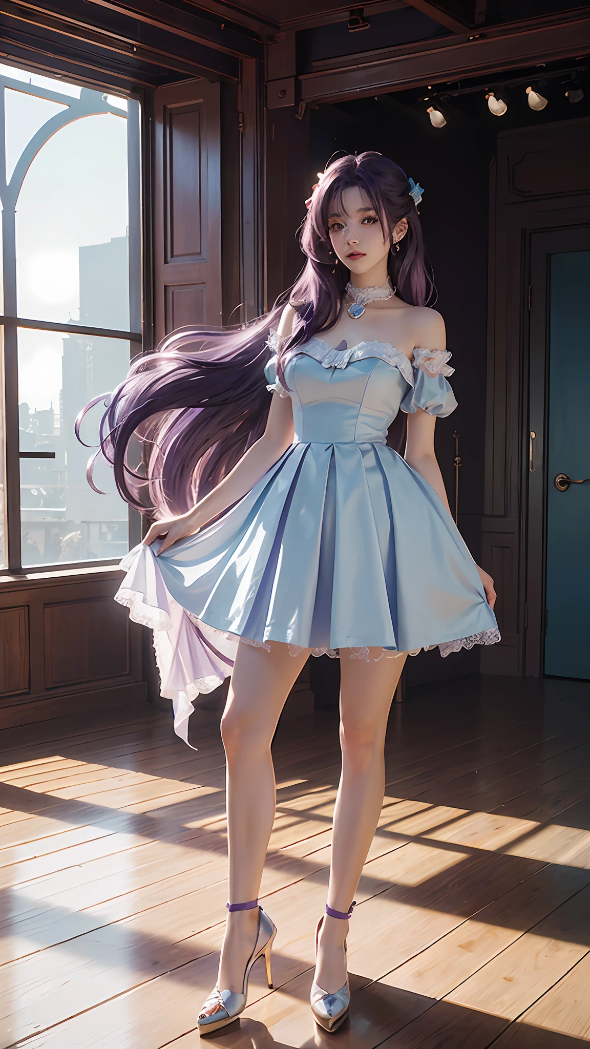Extreme Detail, Painting Detailing, The Most Delicate Effects, Character Painting, The Most Delicate Texture Effects, Light and Shadow Real, Highest Quality of Work, Color Processing, 8K, Anime Illustrations, A Beautiful Girl, (Idol Girl), Long Hair, ((Purple Hair)), ((Purple Hole)), ((Cover Design)), Bright Eyes, ((Scene for Stage)), ((Costume Pink, Red, White, Blue)), (Full Body Image), (Lighting Effects), (Complex Scene), Ray Tracing, Light and shadow detail, strongest detailing, shadows, design painting, art, 8K