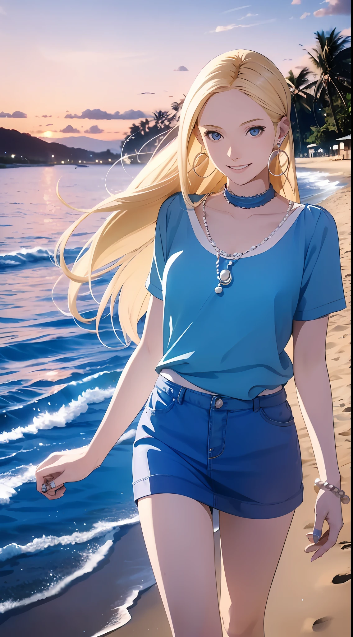 Adult blond woman with modern blue clothes, low makeup, friendly smile, cute, in a beach of a river, clear skys, blue as her eyes, long blonde hair blowing in the winds, hand holding the hair behind the ear, small pearl earrings.