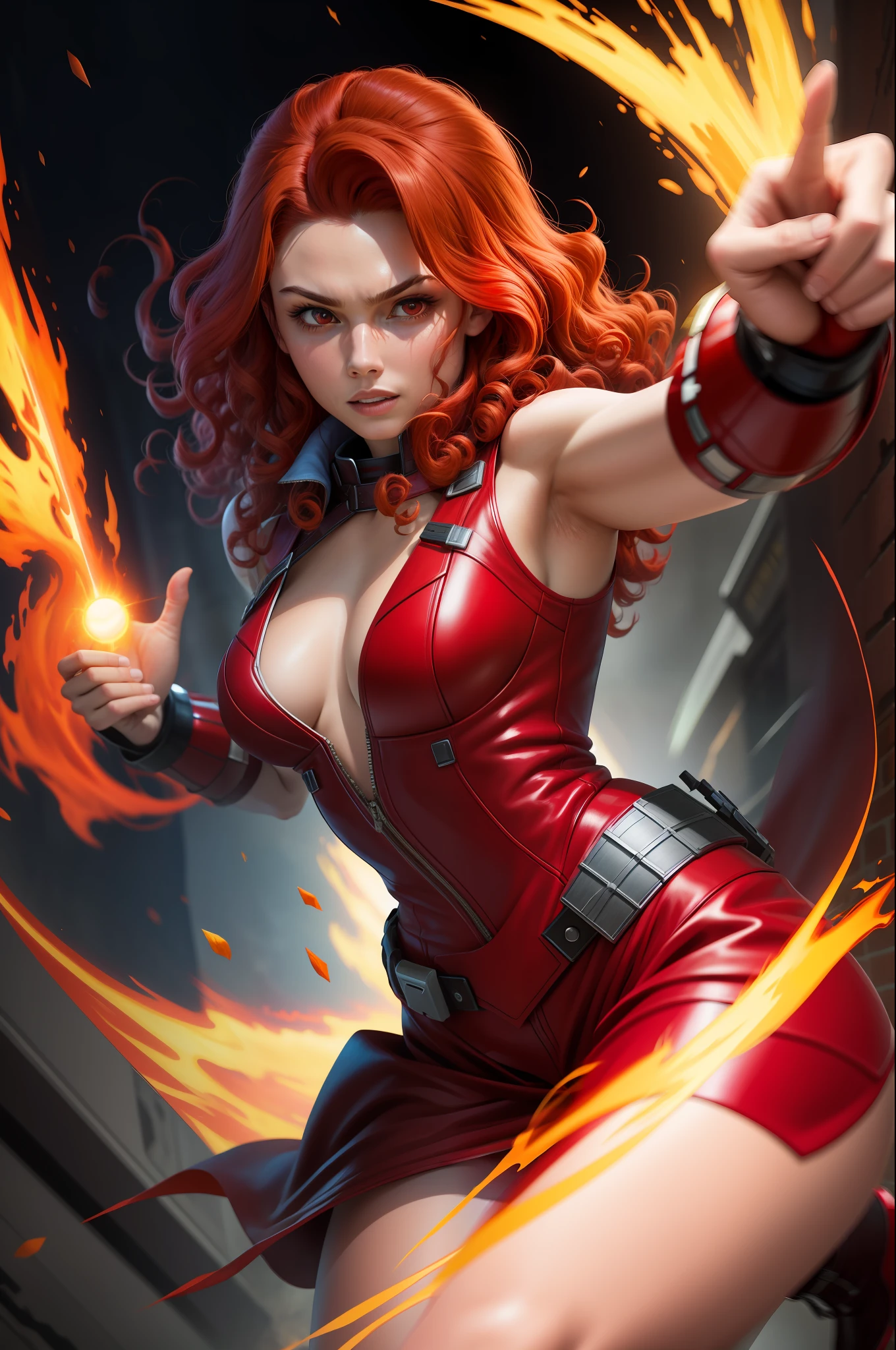 solo, masterpiece, best quality, Scarlet Witch medium shot, wonder, fighting stance, dynamic angle, red curly hair,