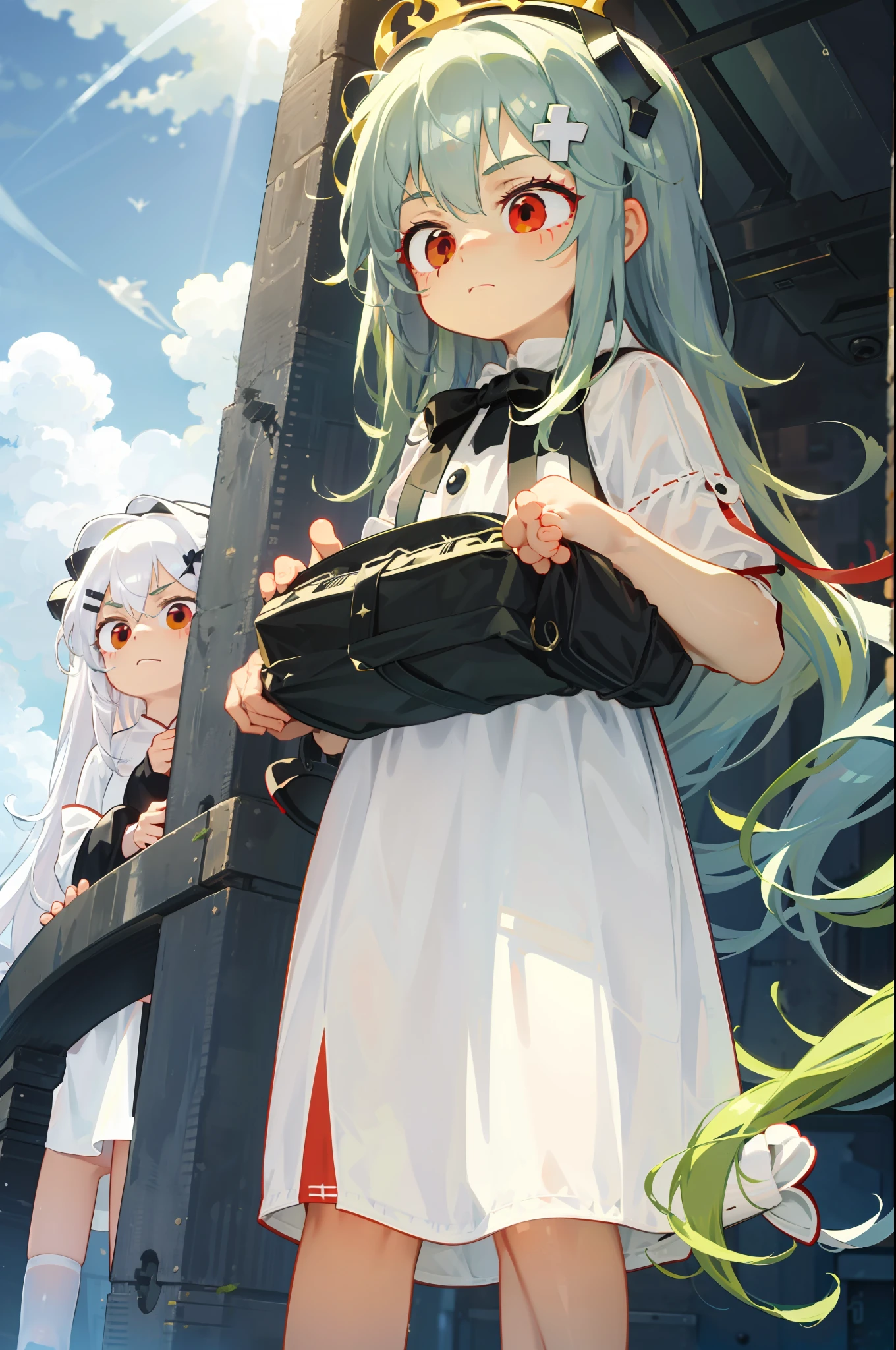 ****, 1girl, white dress, very long white hair, small crown, light green hair, multicolored_hair, red eye