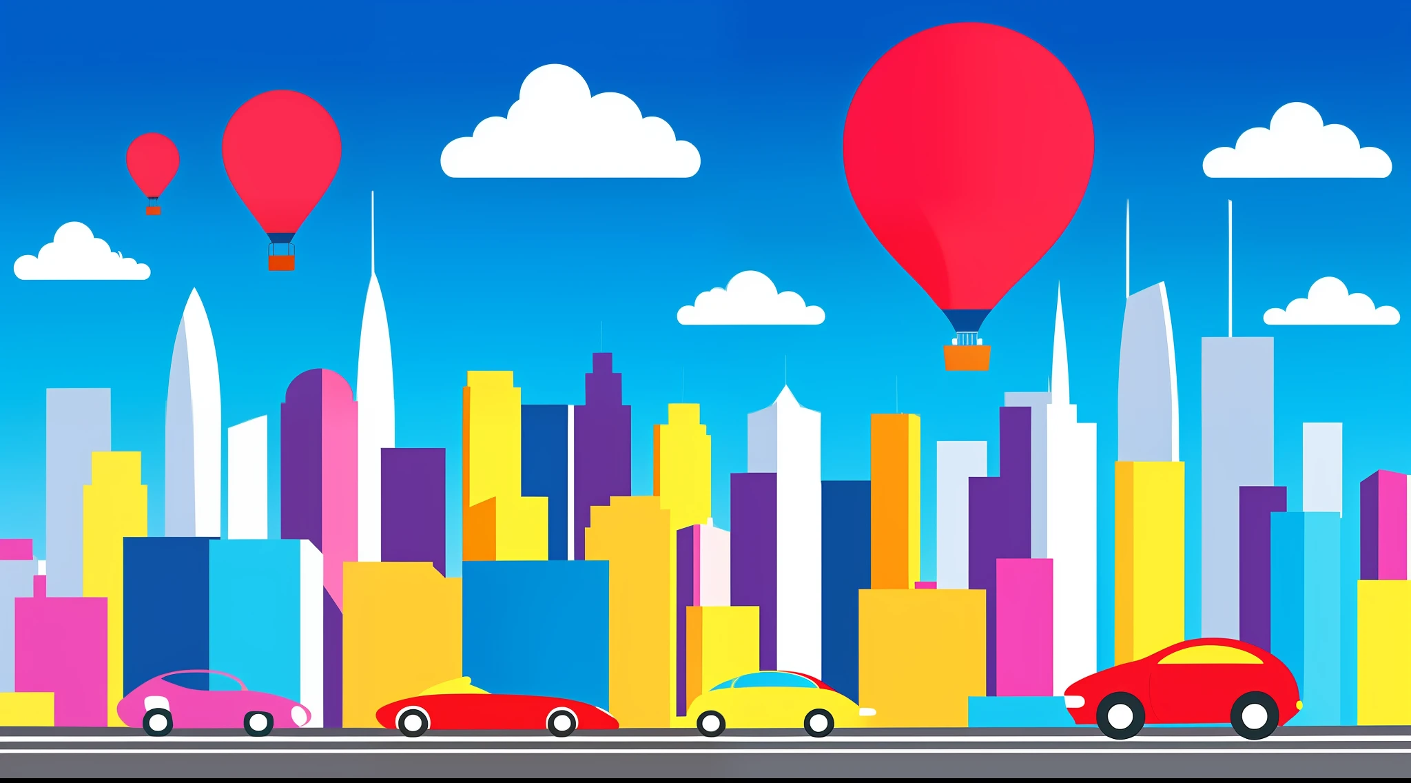 modern city, building, car, plane, balloon, cityscape, european style cityscape, futuristic, unique, colorful, pop, minimal art, t-shirt design, Josh Agle style, vector art, thick outline, fantasy