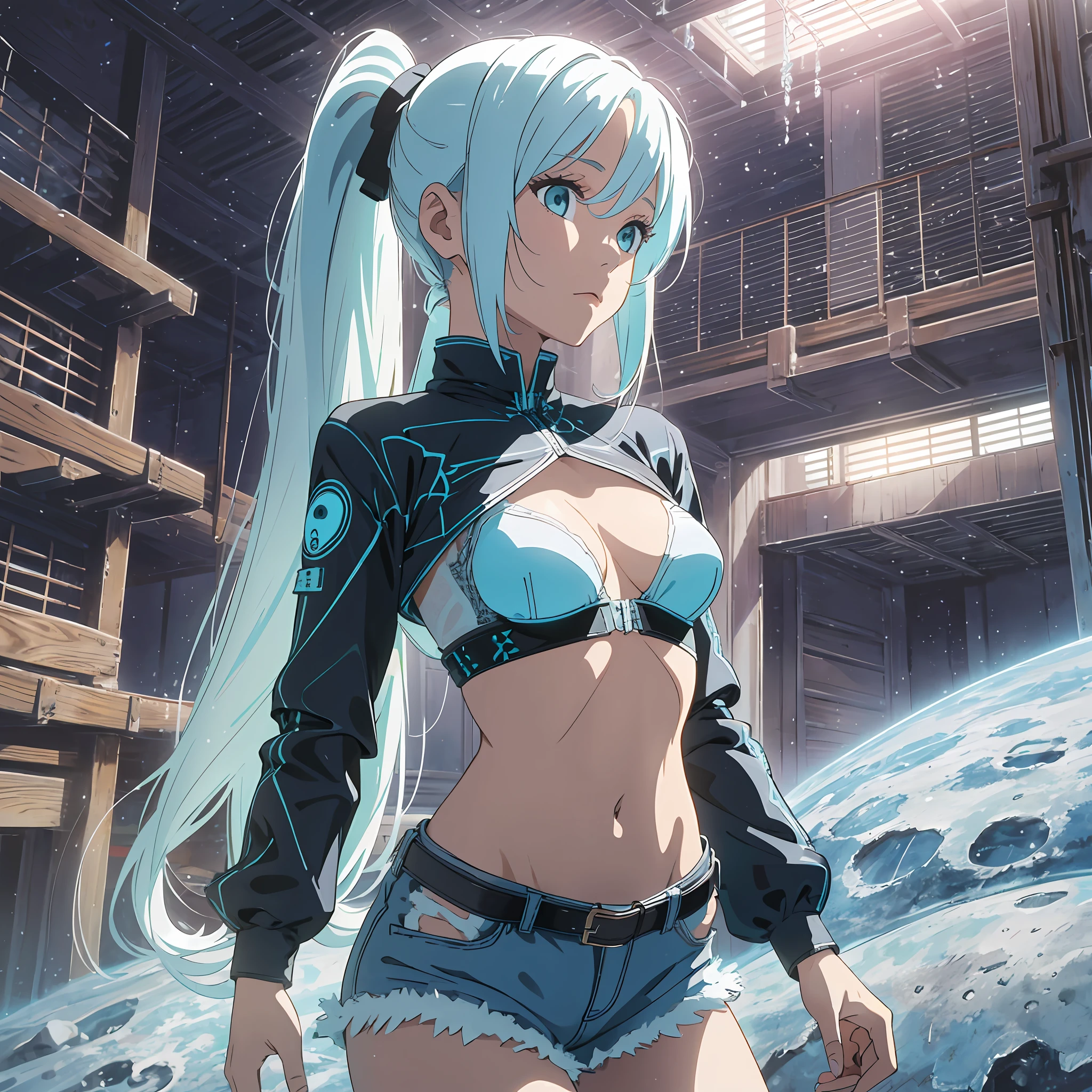 1 western girl, slim body, human levitation, tight coat, cyan lace bra, s(very small eios), white jean shorts, long straight hair ponytail, black and white colored hair, lunar terrain in background --auto --s2