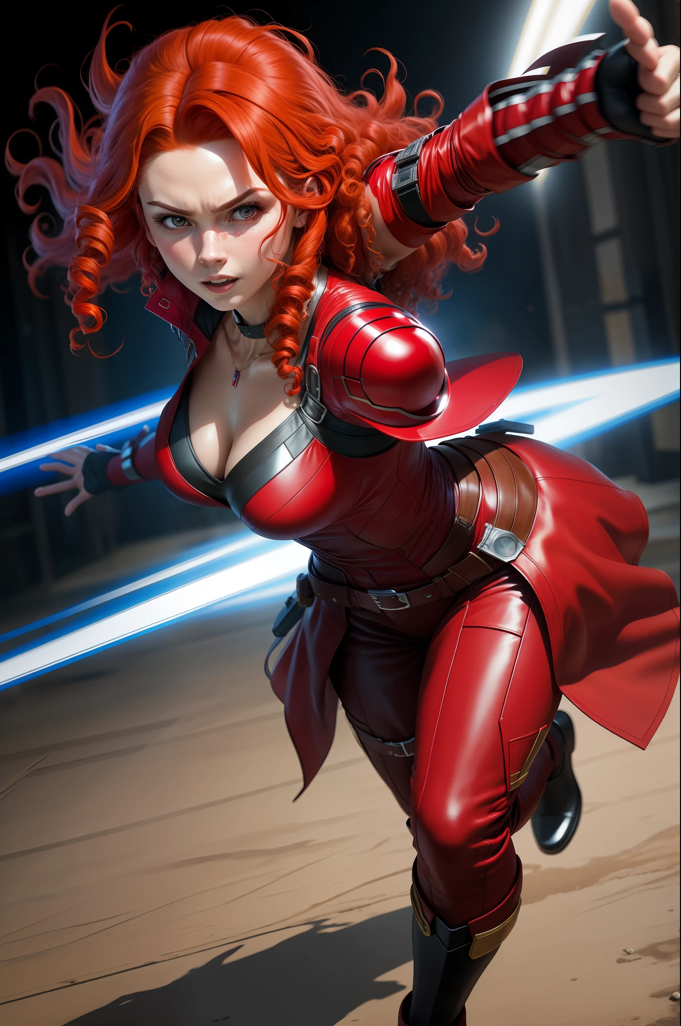 solo, masterpiece, best quality, Scarlet Witch medium shot, wonder, fighting stance, dynamic angle, red curly hair,