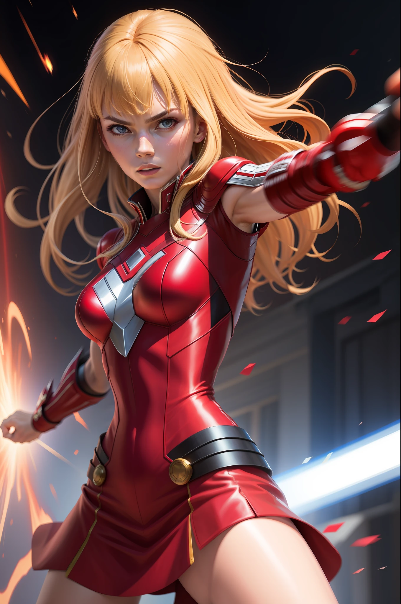 solo, masterpiece, best quality, Scarlet Witch medium shot, wonder, fighting stance, dynamic angle, straight blonde hair and bangs