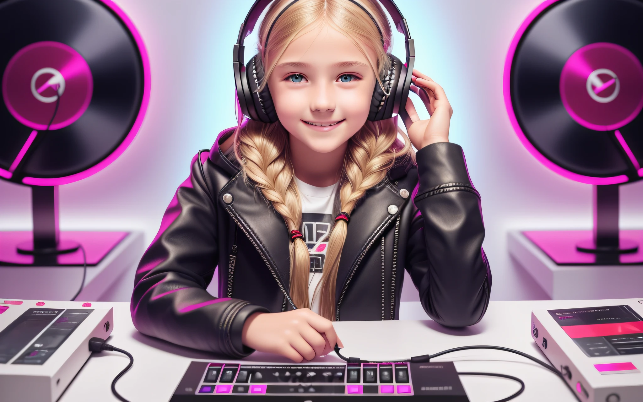 girl , long blonde hair of braids,portrait, with headphones and sunglasses, smiling and holding hands up, RED LEATHER JACKET, girl wearing headphones, listening to music, wearing headphones, with headphones, with headphones, wearing a headset, vibrating with music, listening to pious music, Using headphone jack, using headset for gaming, tinnitus, high quality portrait, headphones on, , digital art H 9 6 0,, (white background: 1.3). , A closeup of a CD and a CD box on a table, Packshot, CDs, CD Jacket.