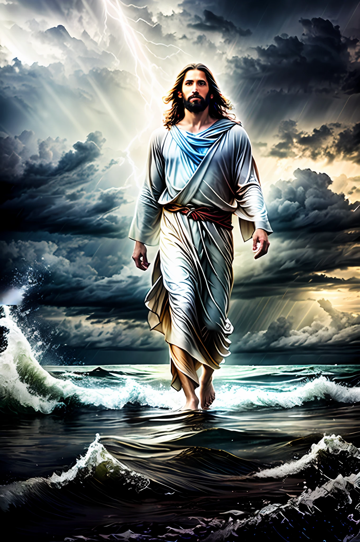 Portrait of Jesus walking on water in a storm, gentle expression, streaks of light coming down from the sky, depth of field, HDR, bloom, chromatic aberration, realistic, very detailed, complex, high detail, dramatic, volumetric lighting