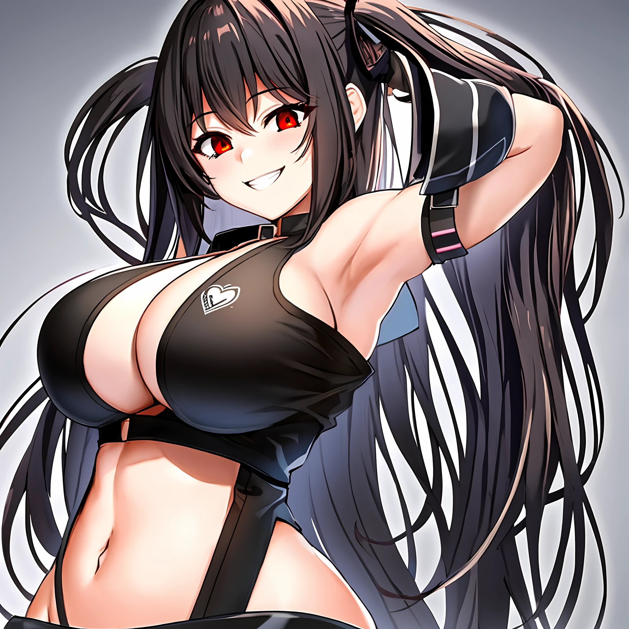 beautiful anime girls with big boobs, wearing black clothes, pose with hearts behind them, 1girl, breasts, solo, long hair, smile, heart, large breasts, grin, red eyes, navel, looking at viewer, bangs, black hair, armpits, midriff, two side up