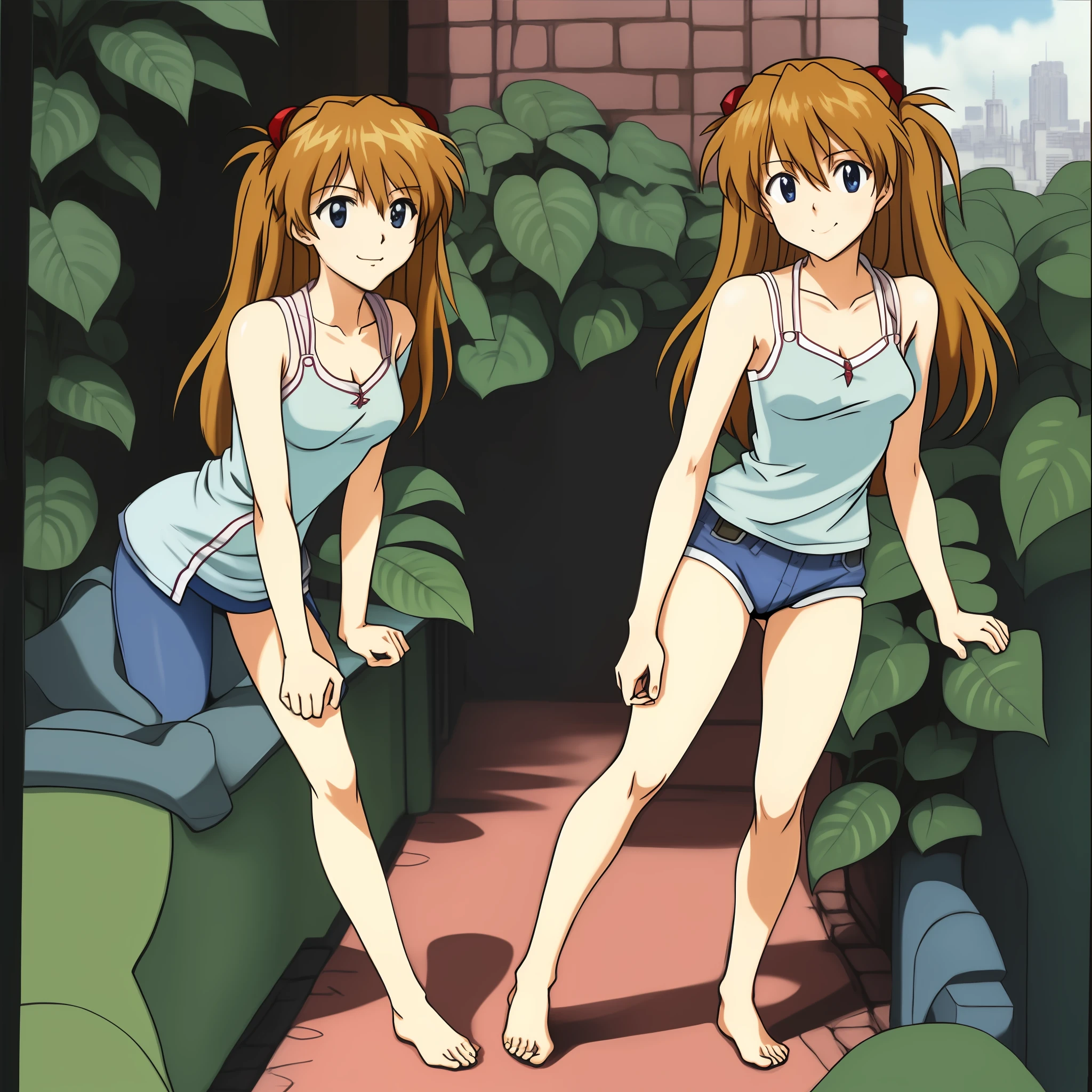 1 girl, solo, souryuu_asuka_langley, (exceptional, best aesthetic, new, latest, best quality, masterpiece, very detailed, anime, waifu: 1.2), casual clothes, medium breasts, courtyard, gender smile, plants, naked, on all fours,