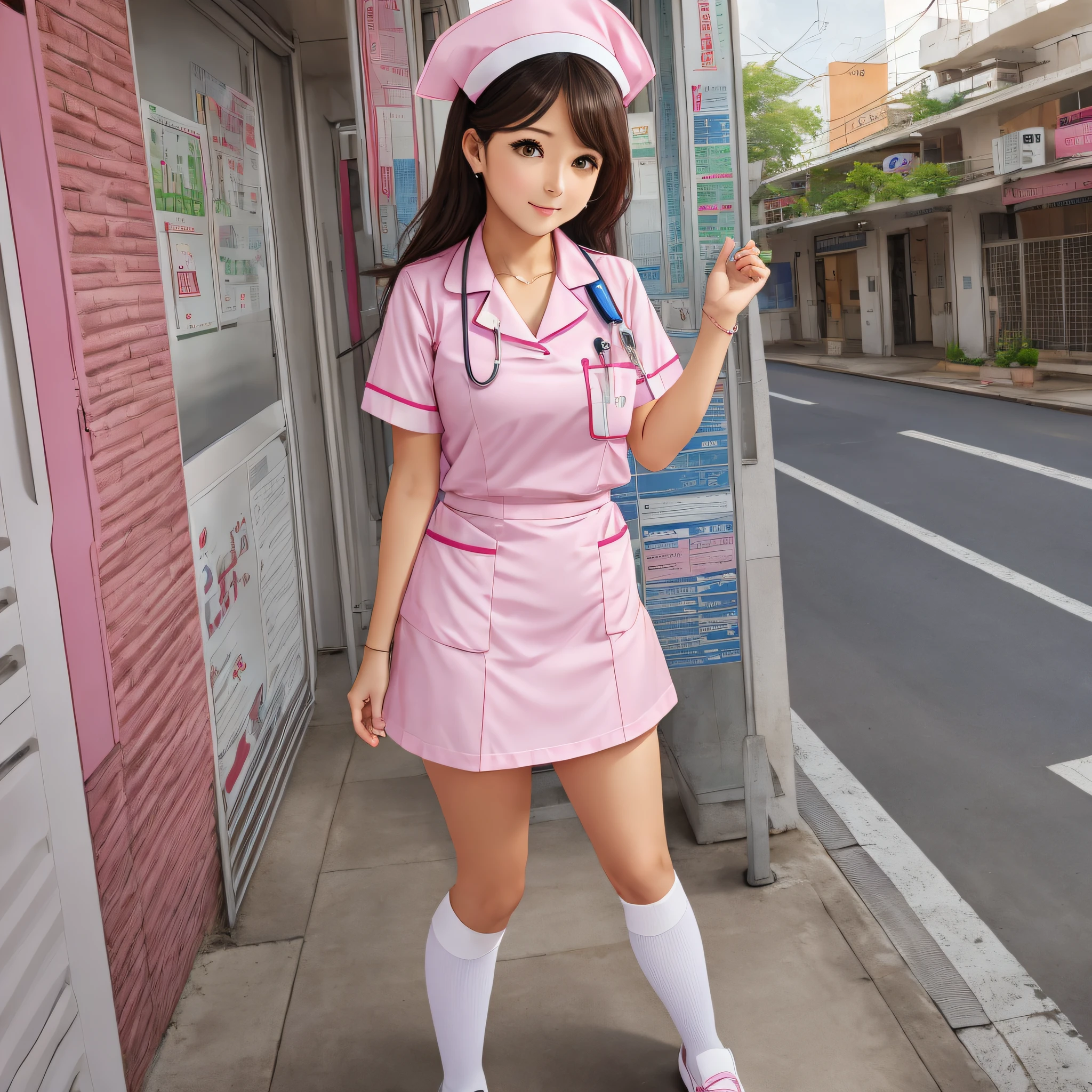 cute girl pink nurse outfit pair of white wing