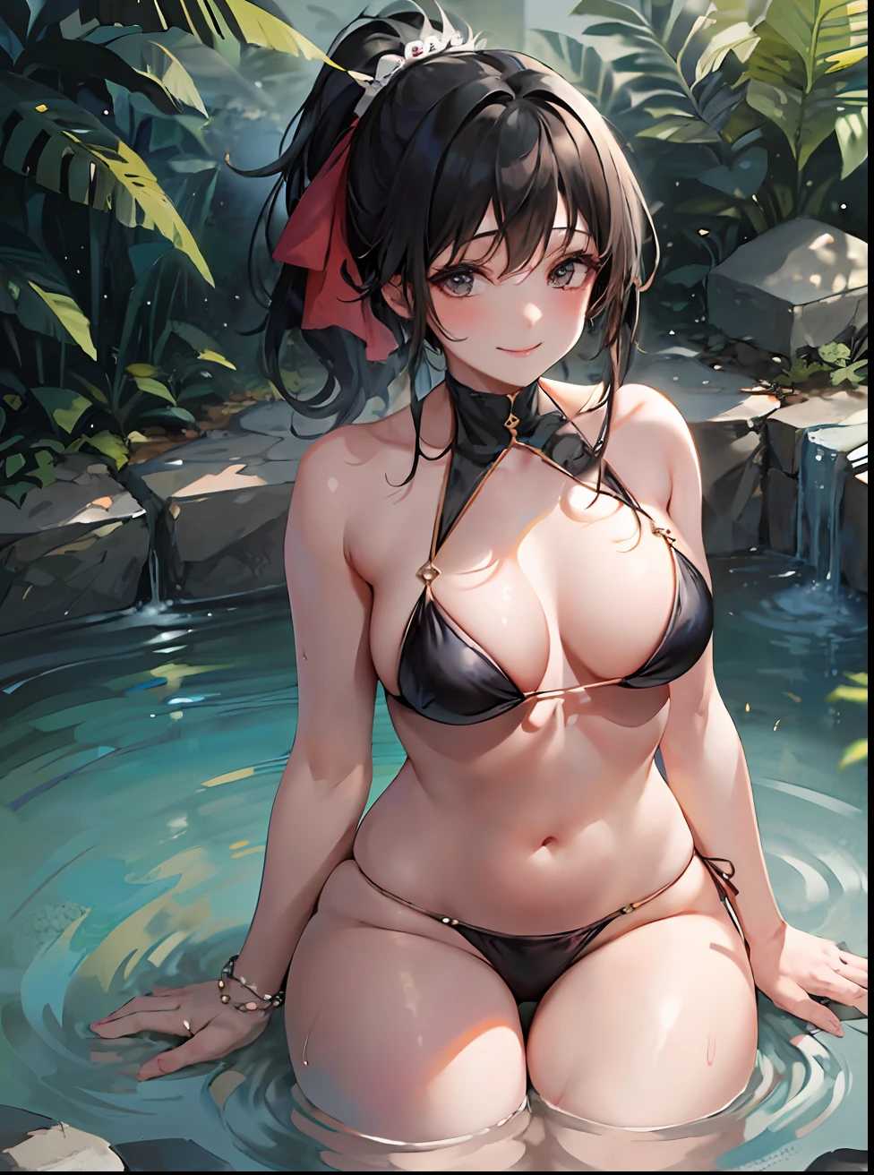 Draw a high-quality and good-definition image of a mature (older) female anime character who was found in a water park, the character is exposing her beautiful breasts and about 30 years old, with long black hair, shiny and silky that reaches to the middle of the back with her ponytail, smiling with her cheeks slightly pink with a slight blush on her cheeks. She could be wearing an attractive bikini, which values her beautiful body, her beautiful curves, slim waist, wide hips