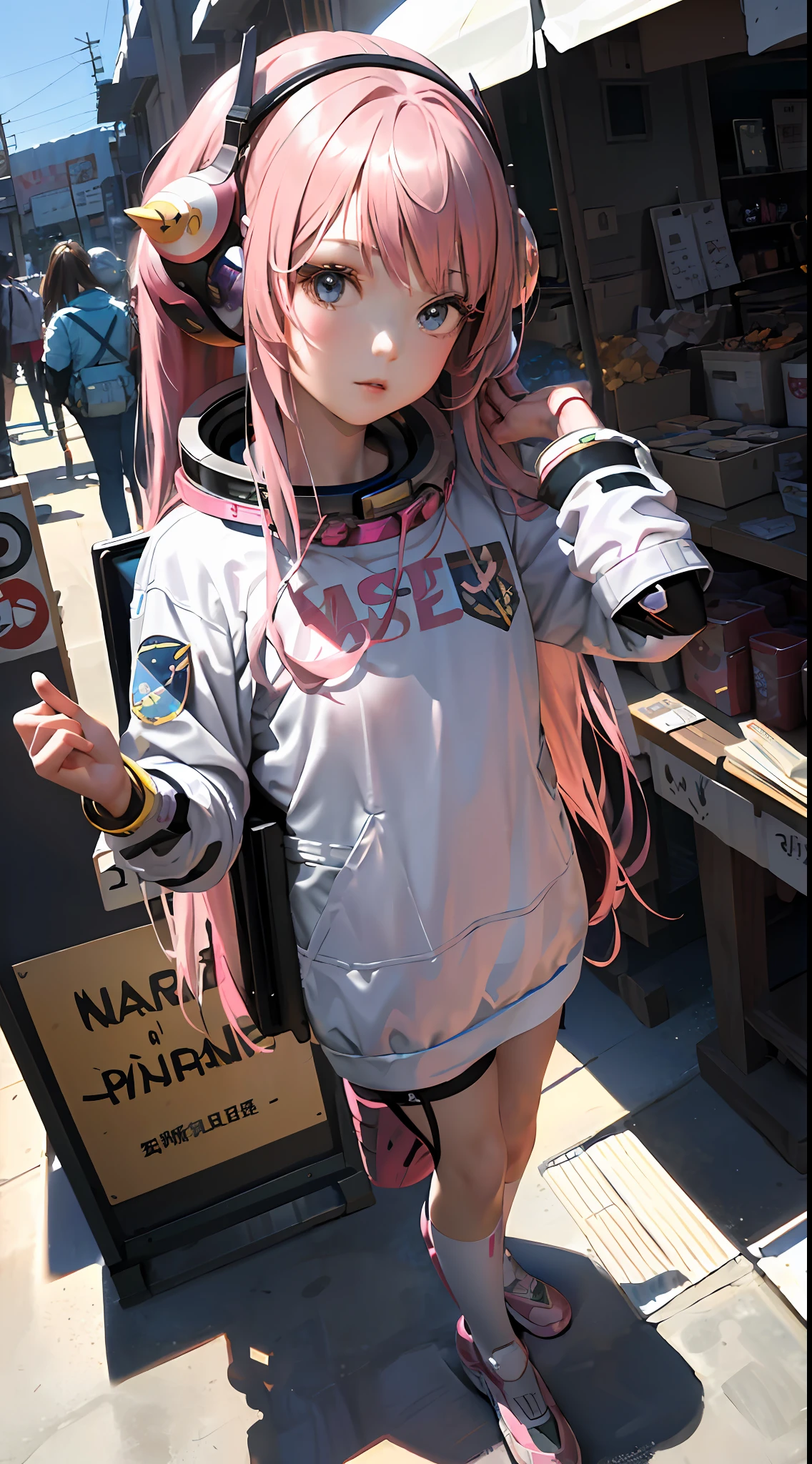(Masterpiece),(High detail and plenty of realism),(Long pink hair),(Old NASA spacesuit decorated in Harajuku style),(Idol),(Perfect proportions),(Delicate face and eye details stand out)