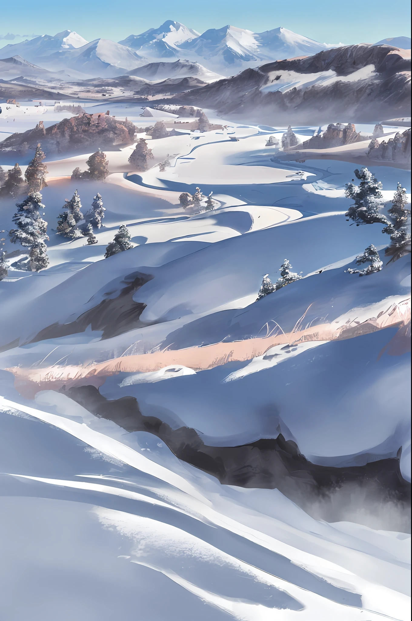 Landscape painting, mountainous horizon, distant snowy peaks, re-entry peaks, plateaus, fantastic floating islands, (gorgeous foreground: 1.1), (spring foreground: 1.1), blurry foreground, distant lakes, trees, nature, clear blue sky, cloud trails, cirrus, 64K, f1.2, 800mm, UHD, dynamic lighting