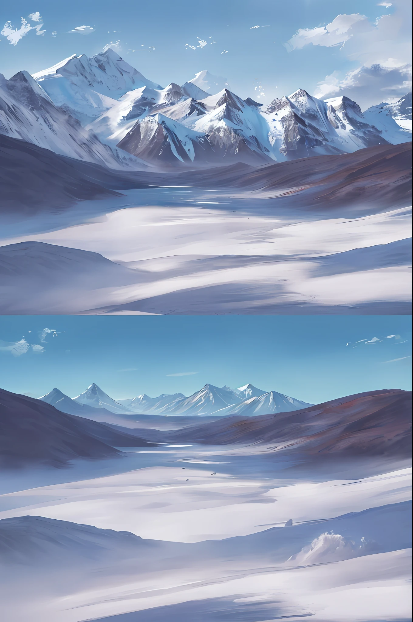Landscape painting, mountainous horizon, distant snowy peaks, re-entry peaks, plateaus, fantastic floating islands, (gorgeous foreground: 1.1), (spring foreground: 1.1), blurry foreground, distant lakes, trees, nature, clear blue sky, cloud trails, cirrus, 64K, f1.2, 800mm, UHD, dynamic lighting