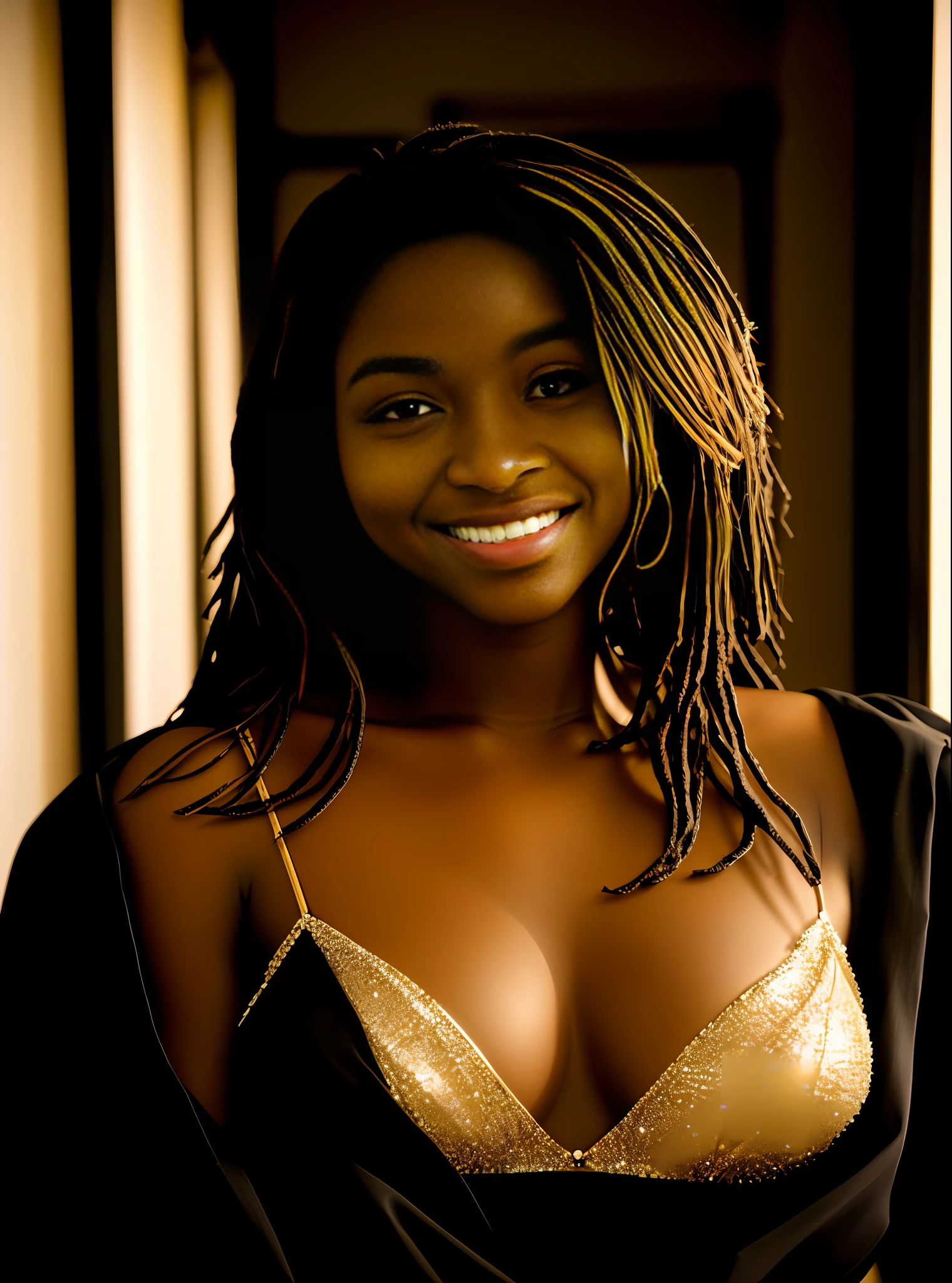 An intellectual AFRICAN beauty, elegant and dazzling, delicate and charming body, PERFECT lips, seductive collarbone, smiling, happy, black power hair, walking on the sea with high waves, shells around, rising sun in the background, well lit
