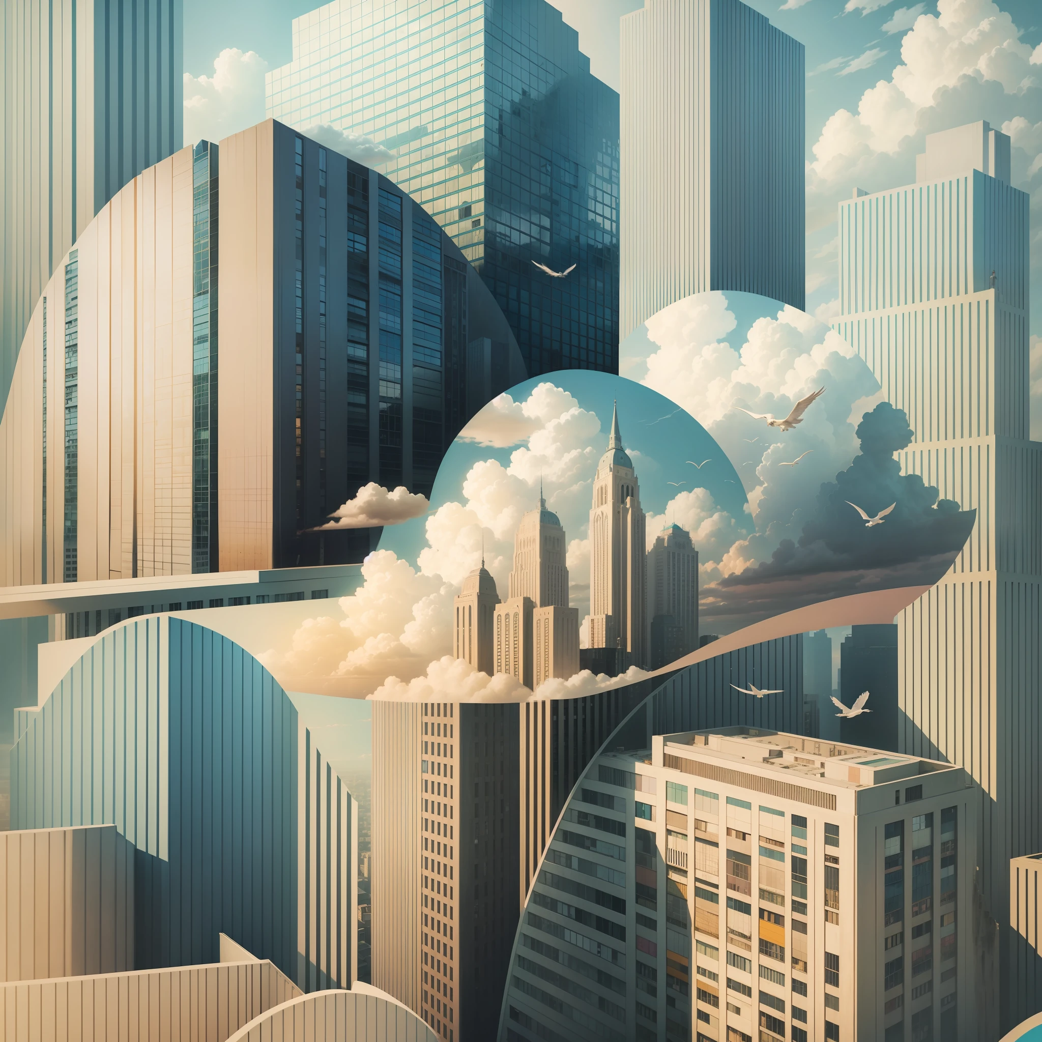 Collage art, books fly between clouds and buildings, pastel colors, summer --auto --s2