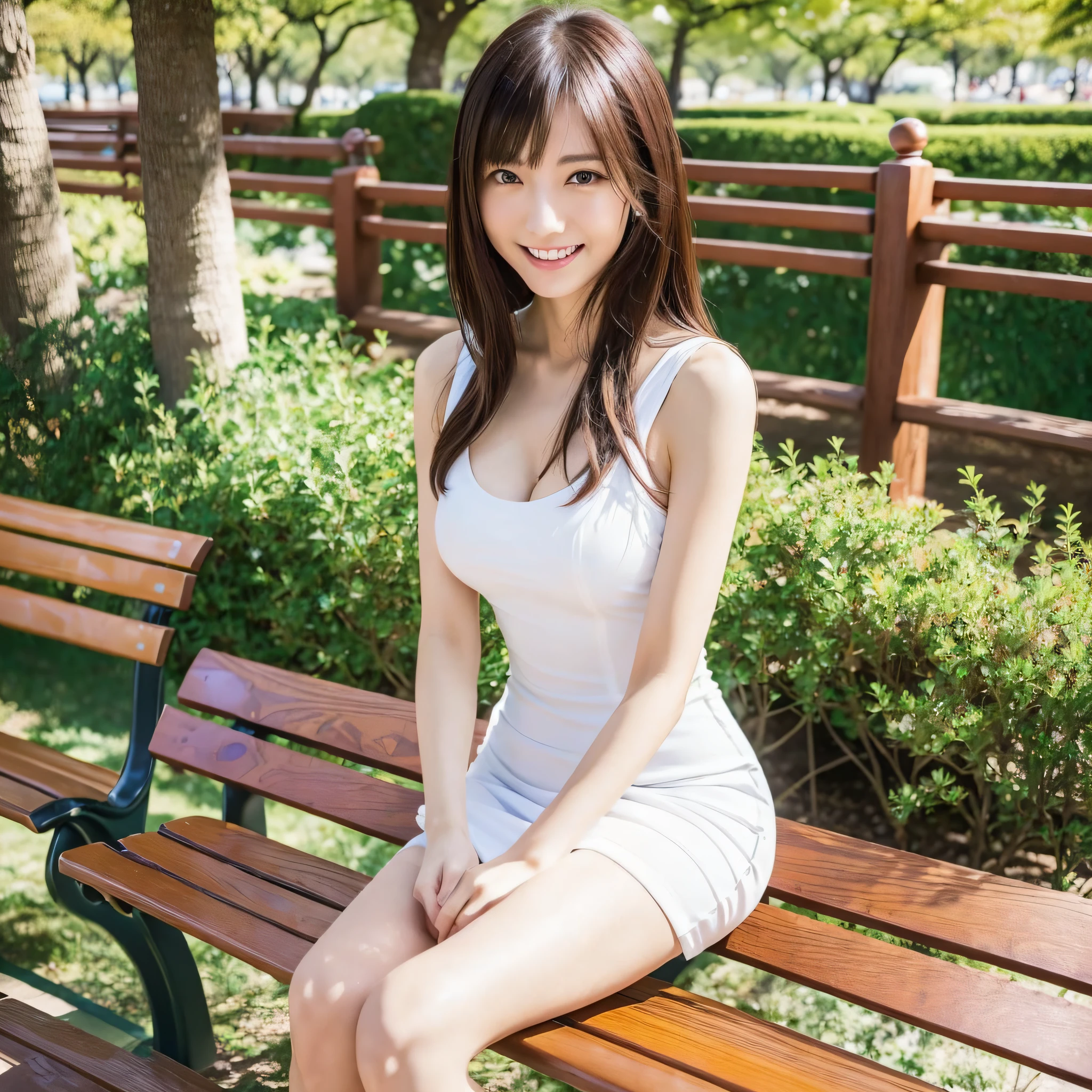 (8K) Beautiful Japan woman, Japan sister, cute eyes, beautiful eyes, beautiful Japan face, beautiful skin, beautiful hands, cute smile, realistic, realistic skin feeling (wearing a tight white dress) healthy body, slender body, Japan person with good style, Japan person with beautiful legs (sitting on a park bench) --auto --s2