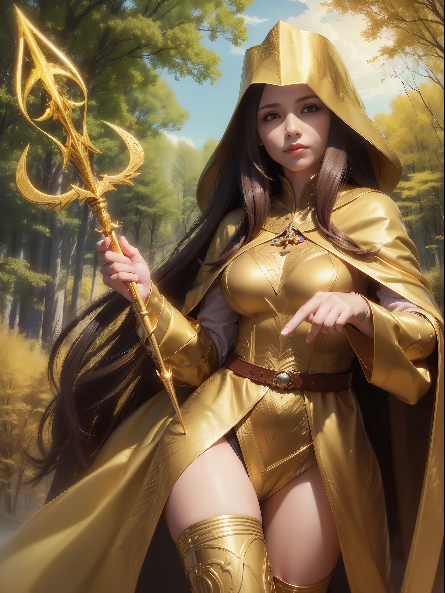 1 beautiful woman, magician, magician, (long brown hair, medium breasts: 1.2), wizard's cloak, ((((magician's scepter: 1.2), (scenery with golden trees), nice hands, perfect hands,