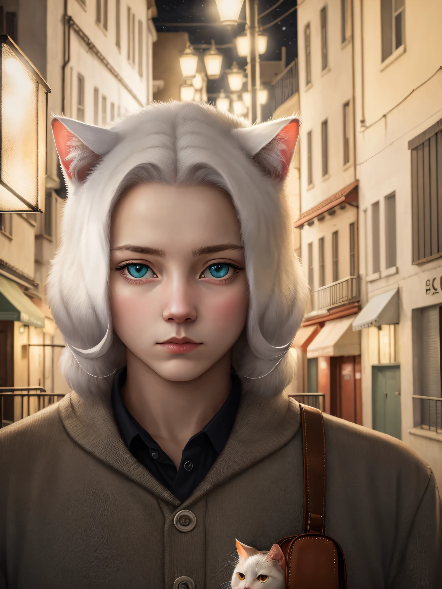 masterpiece, absurd, high quality, realistic, white cat looking at viewer, sad eyes, alley, street lights, night, uhd, detailed, film grain