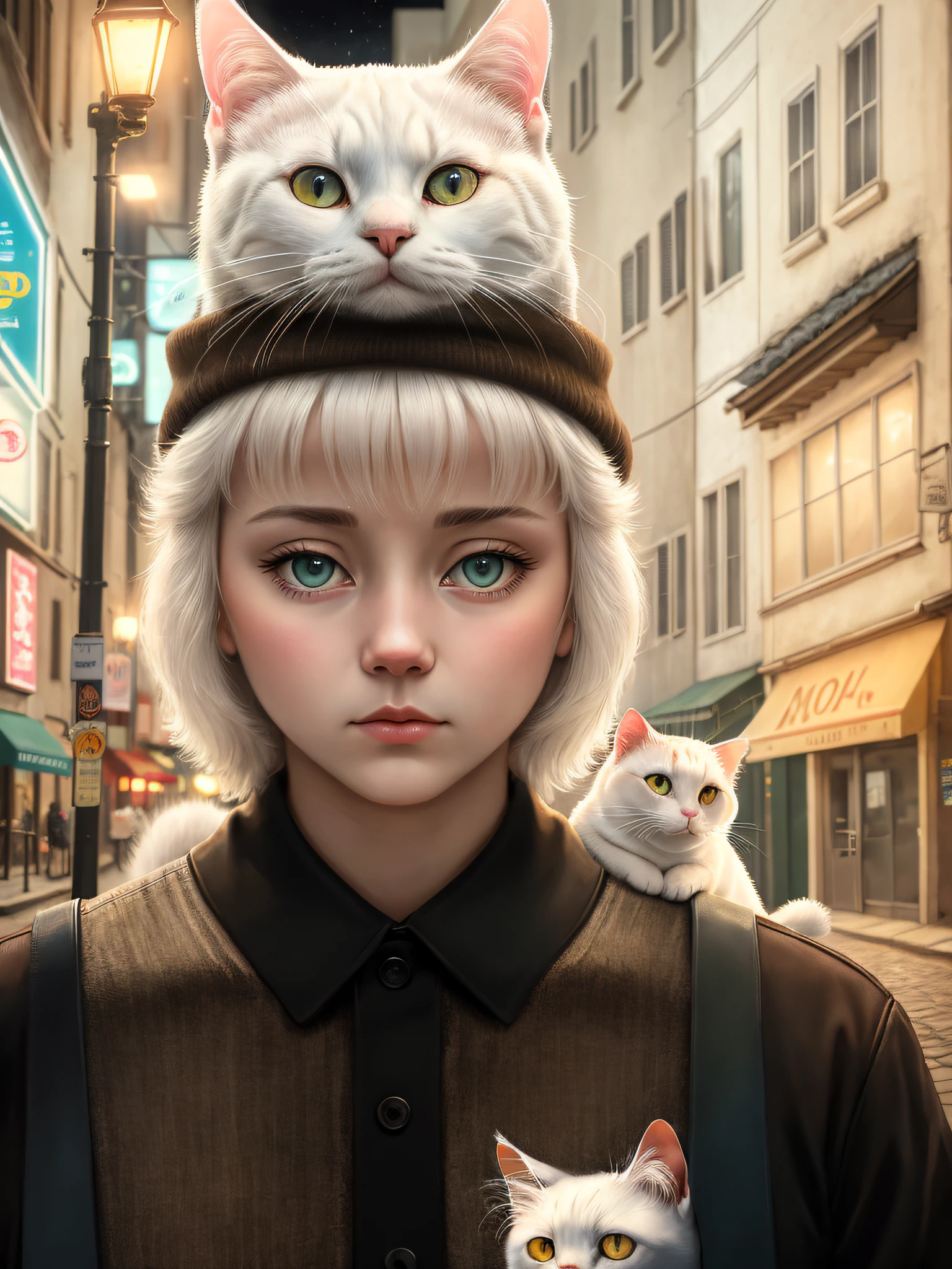 masterpiece, absurd, high quality, realistic, white cat looking at viewer, sad eyes, alley, street lights, night, uhd, detailed, film grain