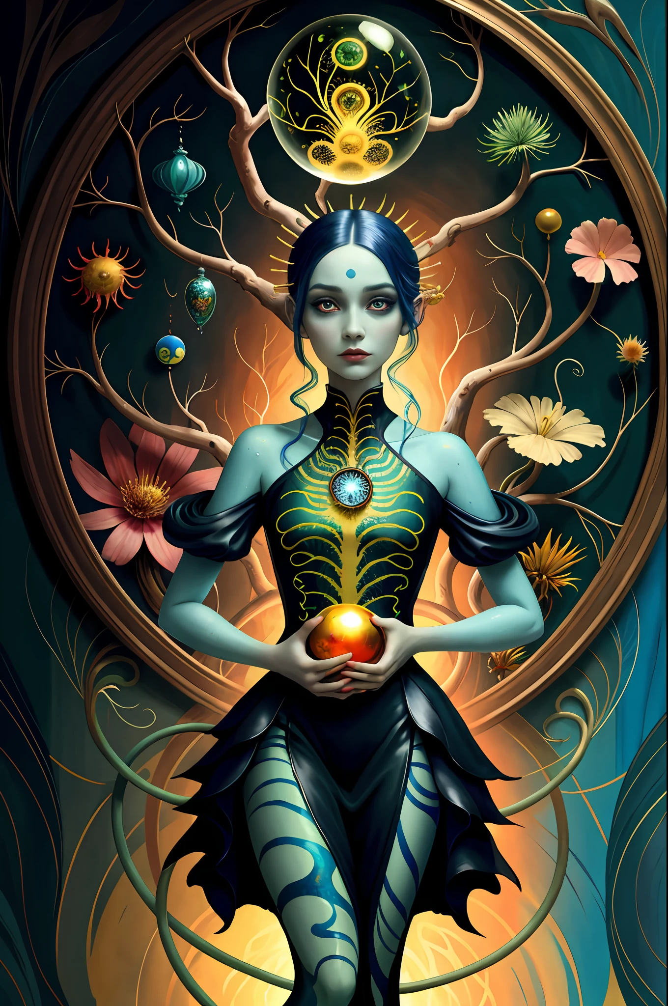 colorpop style, pointy hair, blue skin, natalie shau, mark ryden, alberto seveso, brooke shaden, anna dittmann, flora borsi, yin yang anthill, ant, lily, insect, fern, beautiful full body photo with oil painting, with thick brushstrokes and wet paint, fibonacci, golden ratio, melted wax, visible brushstrokes, surrounded by crystal ball, 3D Mosaic wireframe, neural graphics, neurons, tree of life, color, love, passion, oil on canvas, thick brush strokes, crazy details, 8k uhd, masterpiece, art station, surrealism