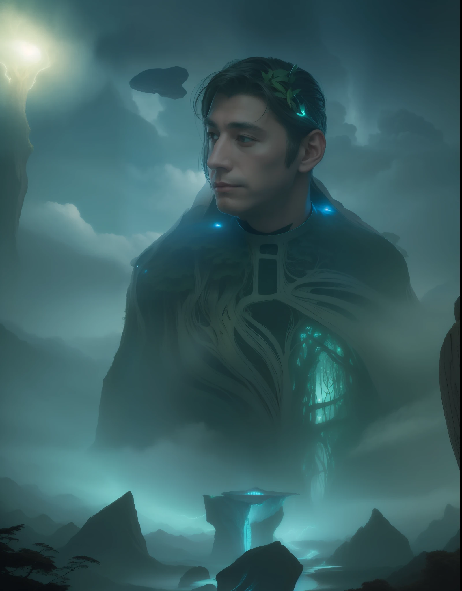 Illustration of a surreal, otherworldly, hyper sky scene including a giant crystal tree full body, highly detailed and magical lighting, intricate forest details, vegetation and surrounding river, solar punk, landscape, giant tree , beautiful green leaves, beautiful lighting and realistic proportions, as if this is a movie background, 8k, highest quality, masterpiece, clouds and stars in the sky.