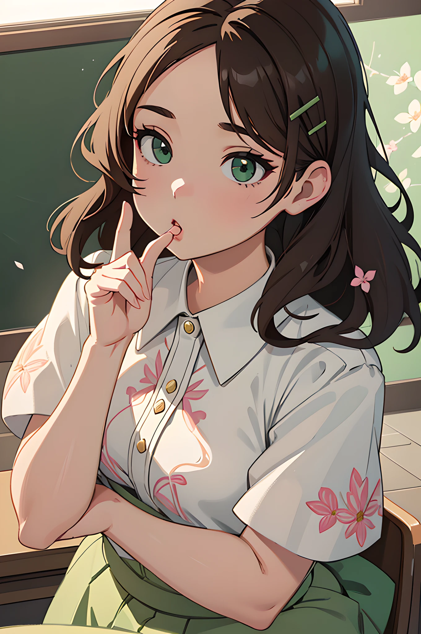 (masterpiece), (portrait), (aesthetic), (beautiful), (upper blody), (high quality), (aesthetic clothings), (professional angle), (rule of thirds), (Feminine), (woman), (female), (beautiful),(feminine features), (24 years), solo, 1 woman, (attractive Japanese), Spring, (Falling Cherry Blossoms), (Evening), (Soft light), ((((Blowing a Kiss)))), (Resting on a Desk Hands), ((Looking towards the Camera Face)), ((Joyful)), (Light and Fresh Make-up), (Moderate Bust), (Dainty Hairpin), ((Medium Length Hair)), (Dark Brown Hair), (Straight Hair), (Loose Waves hair), (Floral Hair Clip in Hair), (Half Open Eyes), (Emerald Green Eyes), (Cute Look), Fair skin, (Subtle Embroidery Clothing), (Flowy Blouse), (-), (A-line Skirt ), Sweetheart Neckline, ((Classroom background)), (Close-Up Shot)