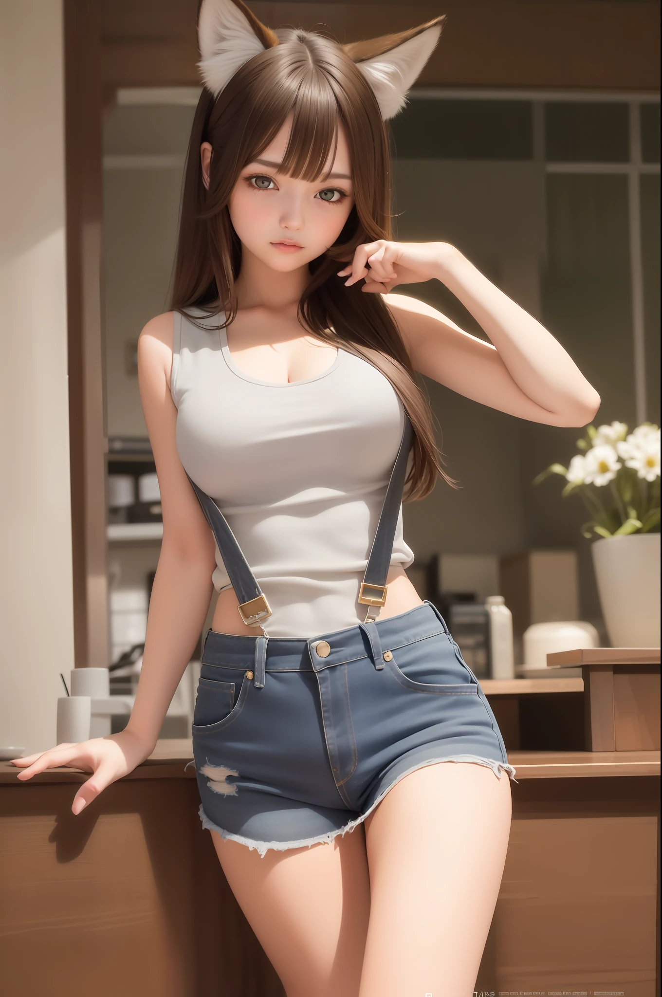 Best quality, masterpiece, (fidelity: 1.2), 1 girl, brown hair, golden eyes, frontal, detailed face, beautiful eyes, wolf eyes, (wolf ears), tank top, jeans, with huge wolf, sexy suspenders, deep V, pure desire