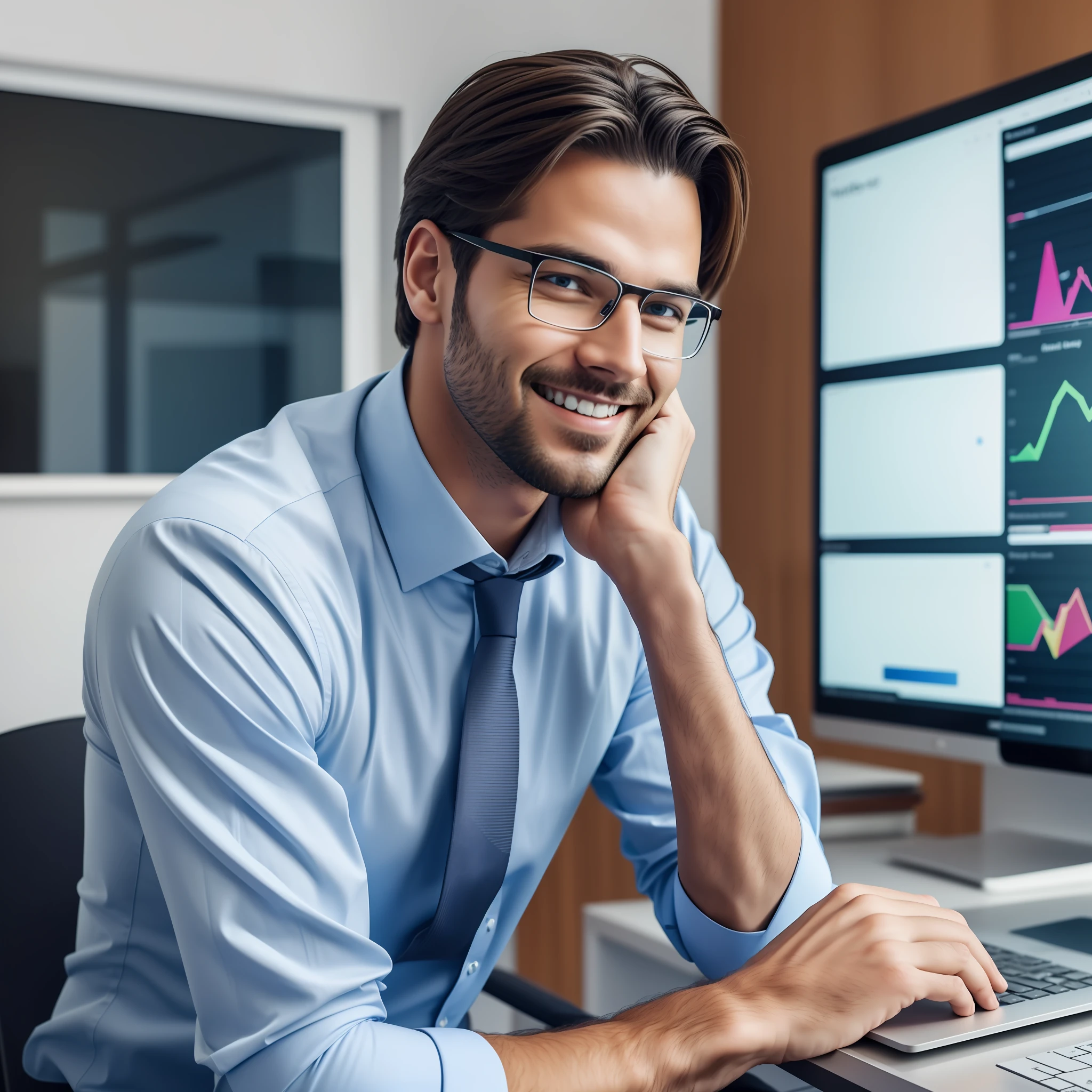 Create an image of a man sitting at a desk in his office, using a laptop in front of him. He is smiling and looking at the screen, where there is a window with the face of an artificial intelligence that is talking to him. In the background of the image, there is a board with graphics, a calendar and a phone. The image should have a realistic style, a vertical format, and a high resolution. The image should have good lighting and bright, vibrant colors.