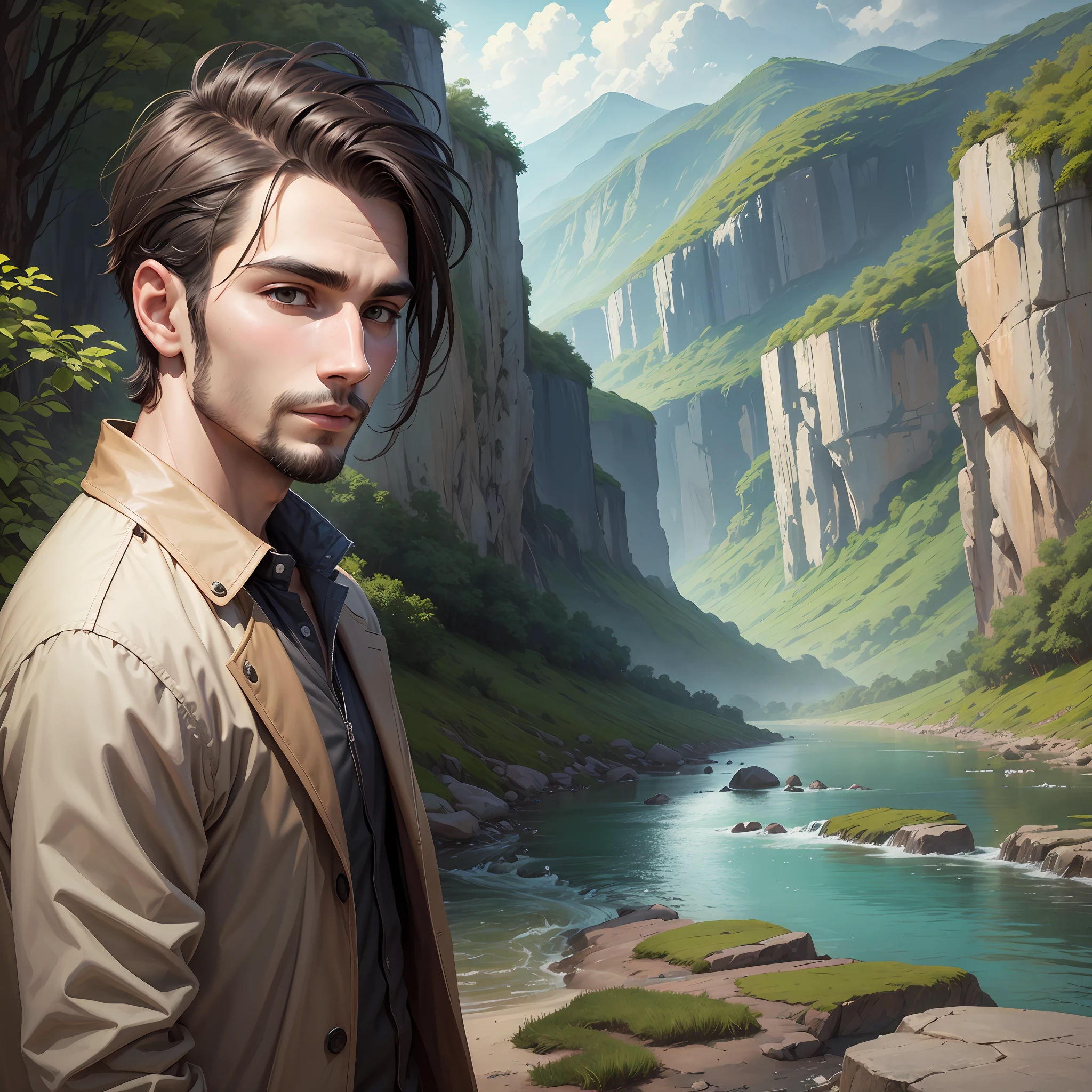 Nature background with river, man with frontal face --auto --s2