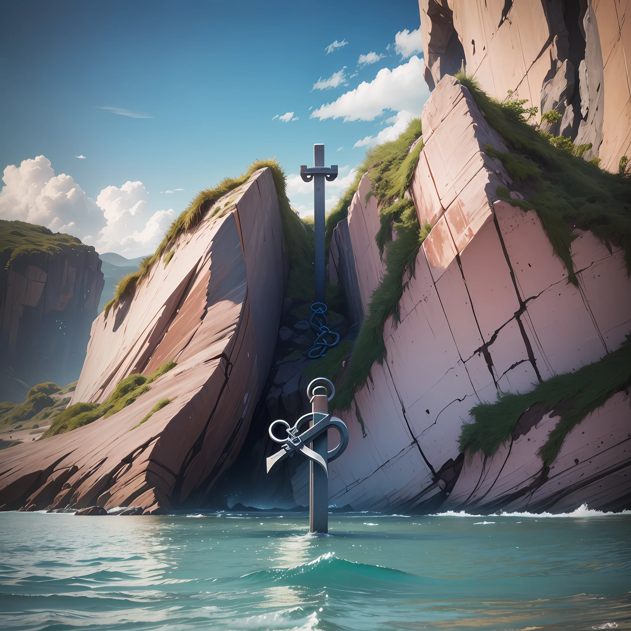 Hope is an anchor. Quality 3D animation, soft lighting, magical ocean environment, close-up of a rusty anchor, swimming gracefully, sunlight filtered through the surface of the water, human swimmer hovering in the background, sea current in chaotic blurry in the distance.