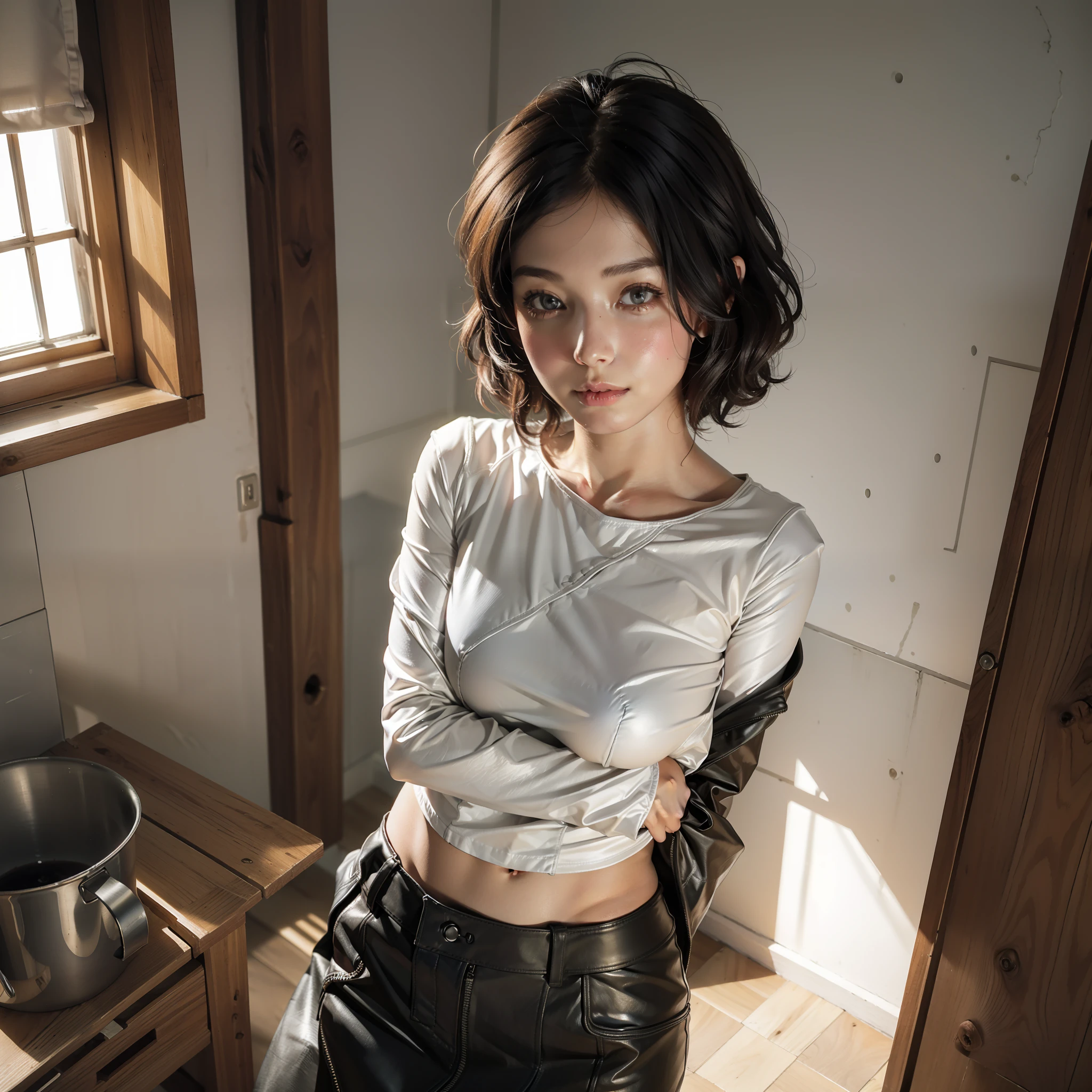 50s, ((top quality, 8k, masterpiece: 1.5, raw photos)), Sharp: 1.3, (1 AESPA girl: 1.1), (realistic, photorealistic: 1.38), face focus, small breasts, flat breasts, short messy hair of brunettes, standing, black leather skirt, white clothes, late night bathroom, indoor lighting,