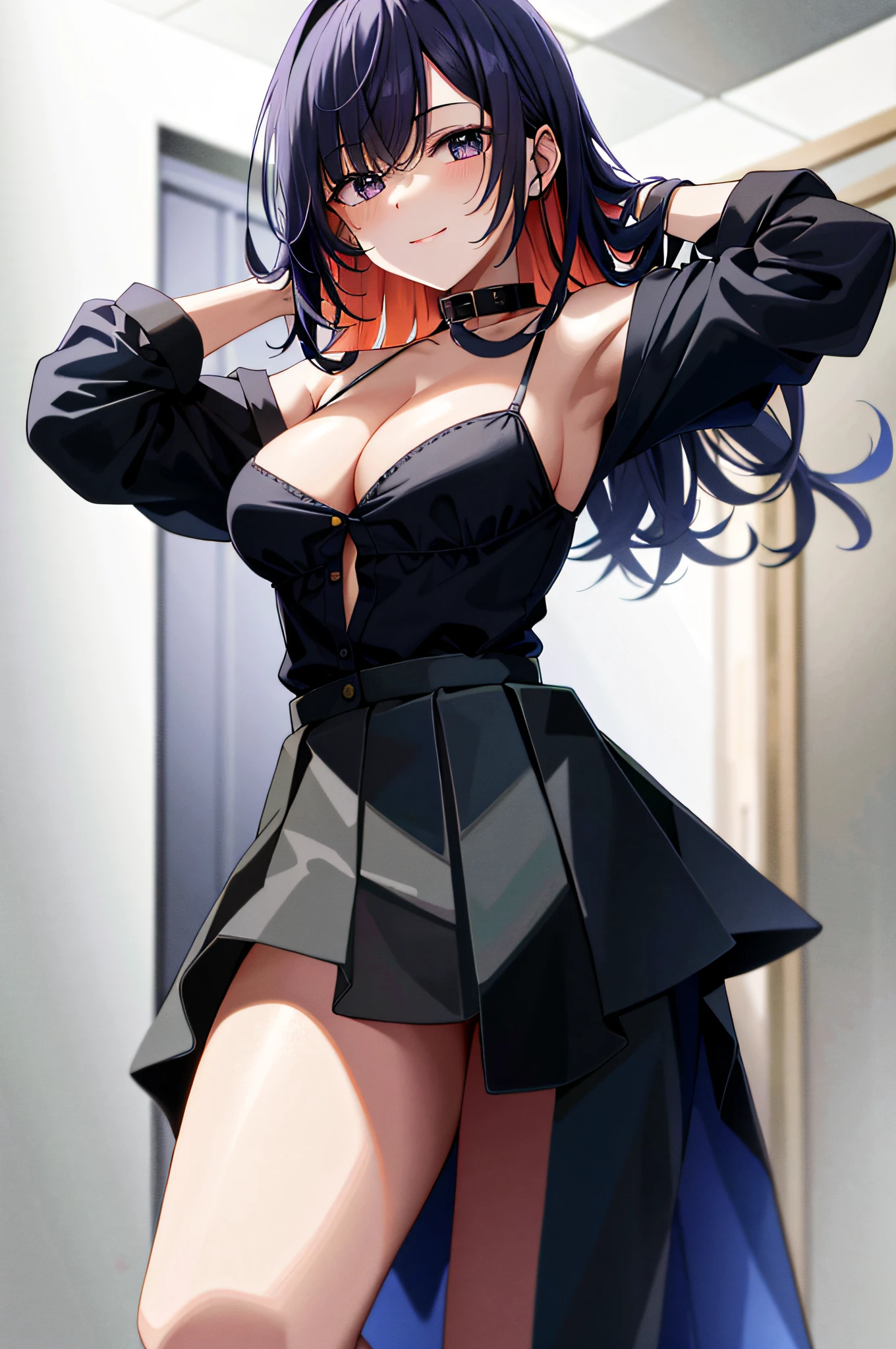 best quality, absurd res, highly detailed, (masterpiece). painterly, anime.
(downblouse, cleavage:1.4), leaning forward, adjusting hair, teacher, black shirt, skirt.
ouro kronii, 1girl, solo, long hair, multicolored hair, blue hair, purple hair, breasts. from below, standing looking down. covered happy, smile.
realistic shadows, detailed shadows, shadows over face, highly detailed, detailed eyes, detailed hair.