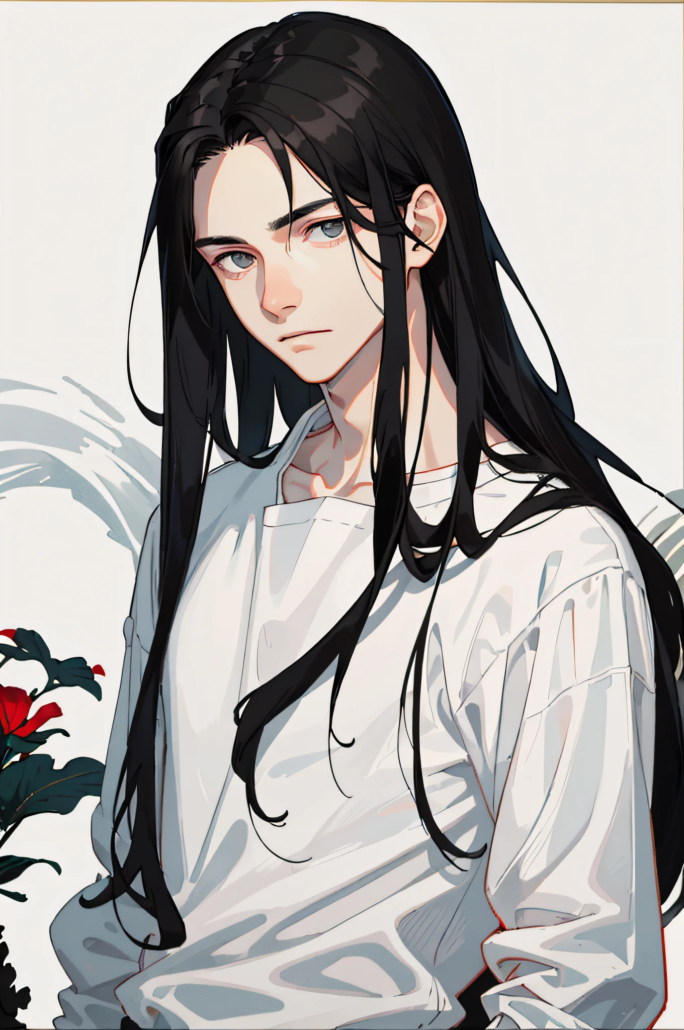 Masterpiece, best quality, 1 male, teenager, delicate eyes, long black hair, straight hair, fair skin, delicate face, calm expression, white shirt, ink landscape, gray, red