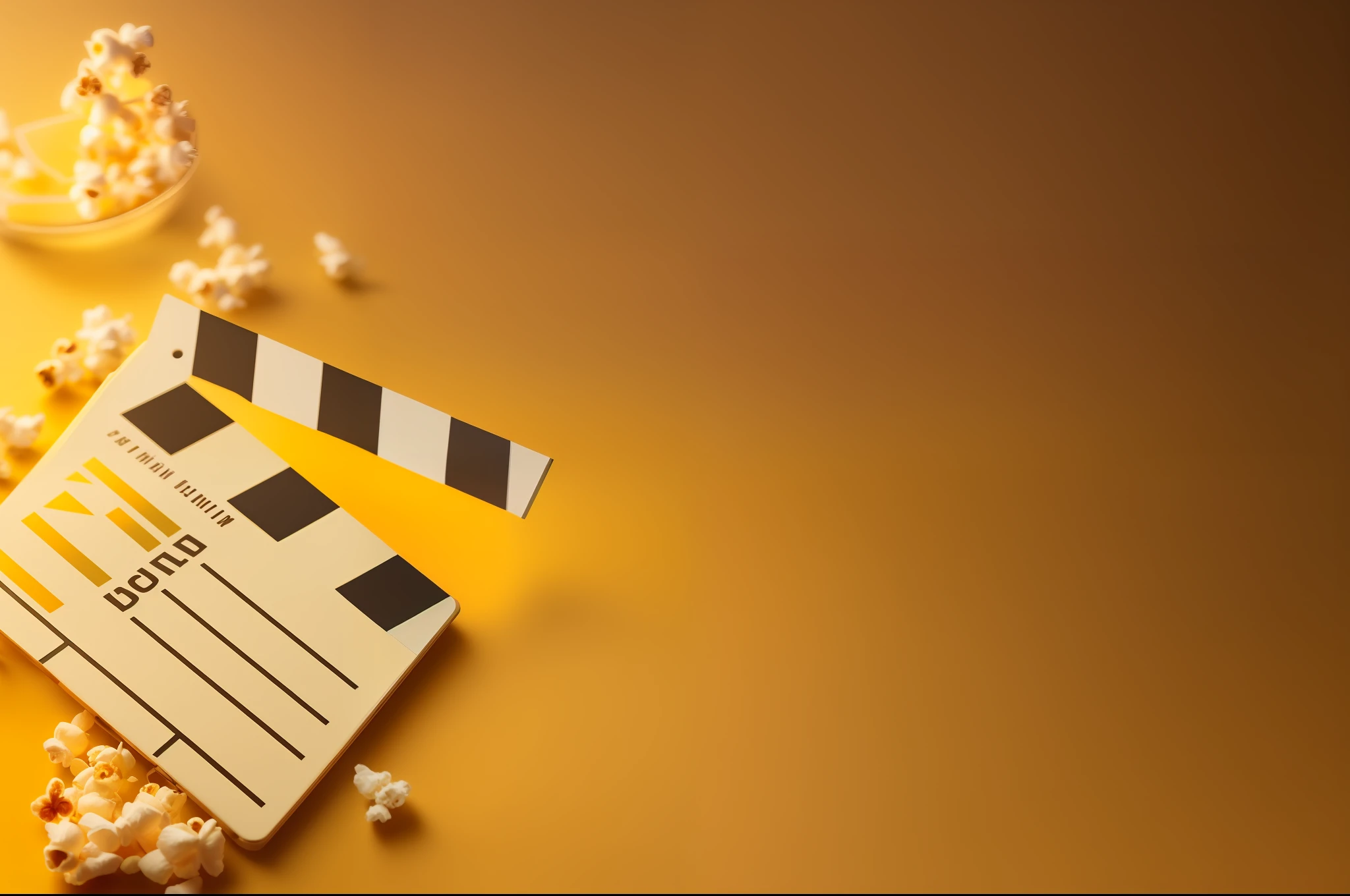 a close up of a clapper board with popcorn scattered around it, movie poster with no text, movie composition, film production, cinematic movie image, movie concept, cinematic footage, on a yellow canva, movie footage, cinematográfica, movie frame, stock footage, movie inspired, movie promo, cinematic film, cinematic background, cinematic movie shot, cinematic movie