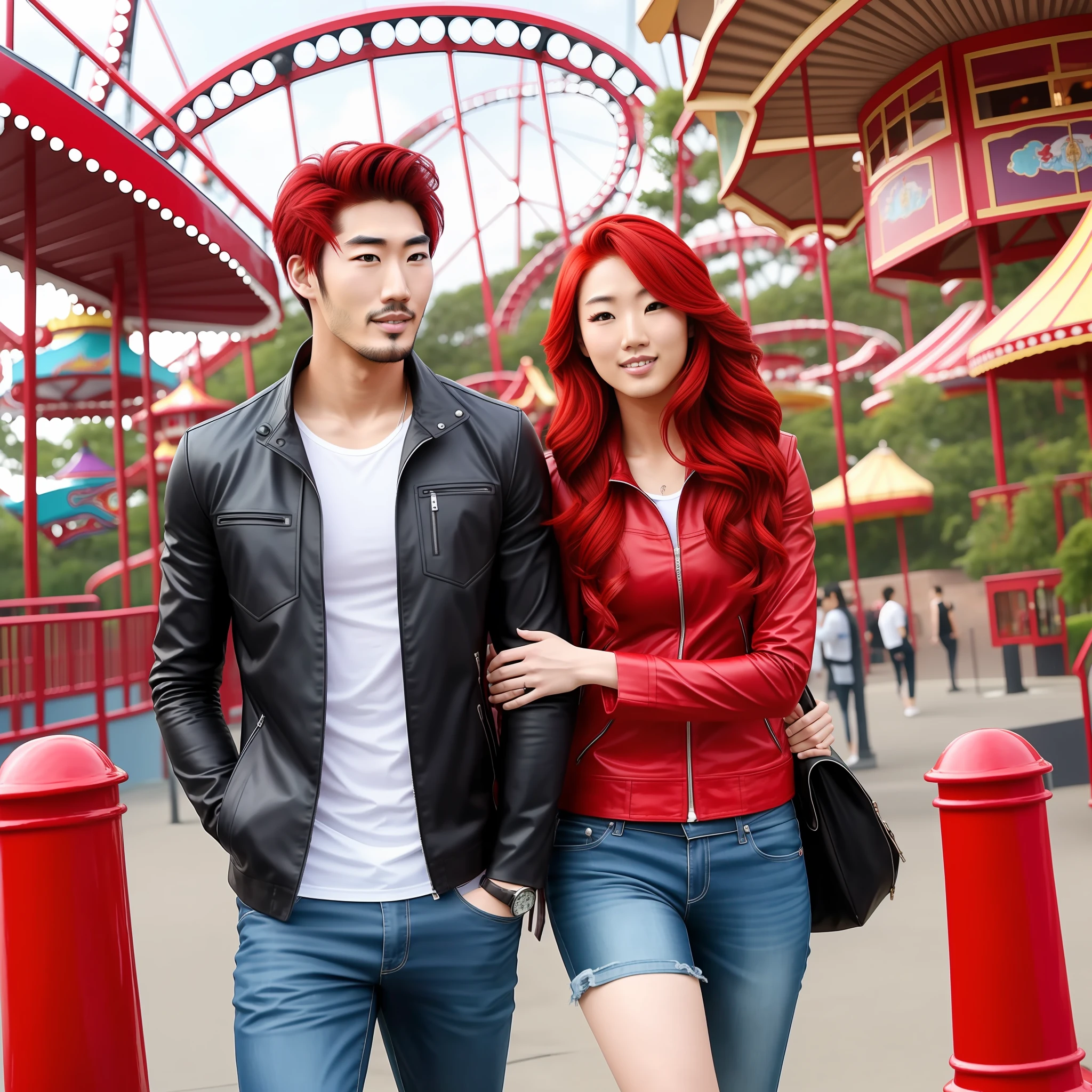 Godfrey Gao and his red-haired girlfriend, amusement park background --auto --s2