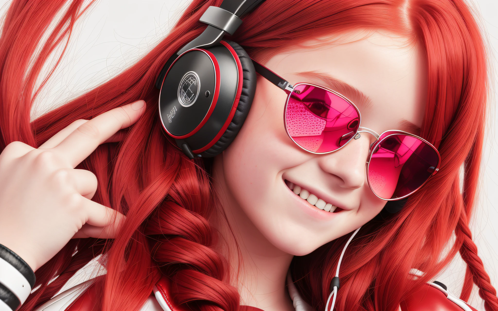  girl, long RED hair of braids, portrait, with headphones and sunglasses, smiling and holding hands up, RED LEATHER JACKET, girl wearing headphones, (white background: 1.3). , A closeup of a CD.