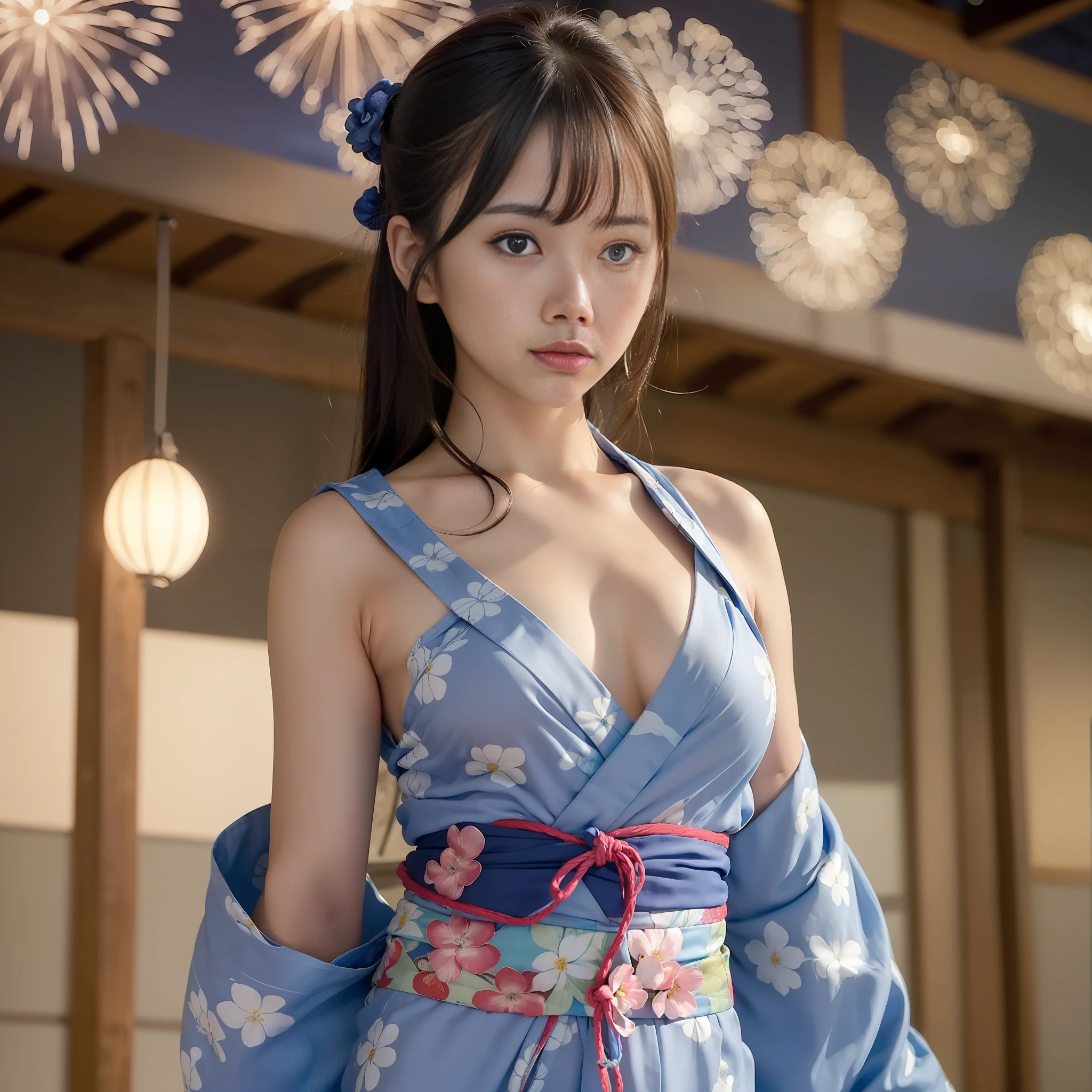 ((Masterpiece, Top Quality, Ultra Definition, High Definition)), Solo, Beautiful Girl, Shining Eyes, Perfect Eyes, 16 Years Old, Blue Theme, (((disheveled yukata)), ((Shoulders and chest exposed)),((No underwear)),Fireworks ((Untied yukata obi)),((Thighs are visible))