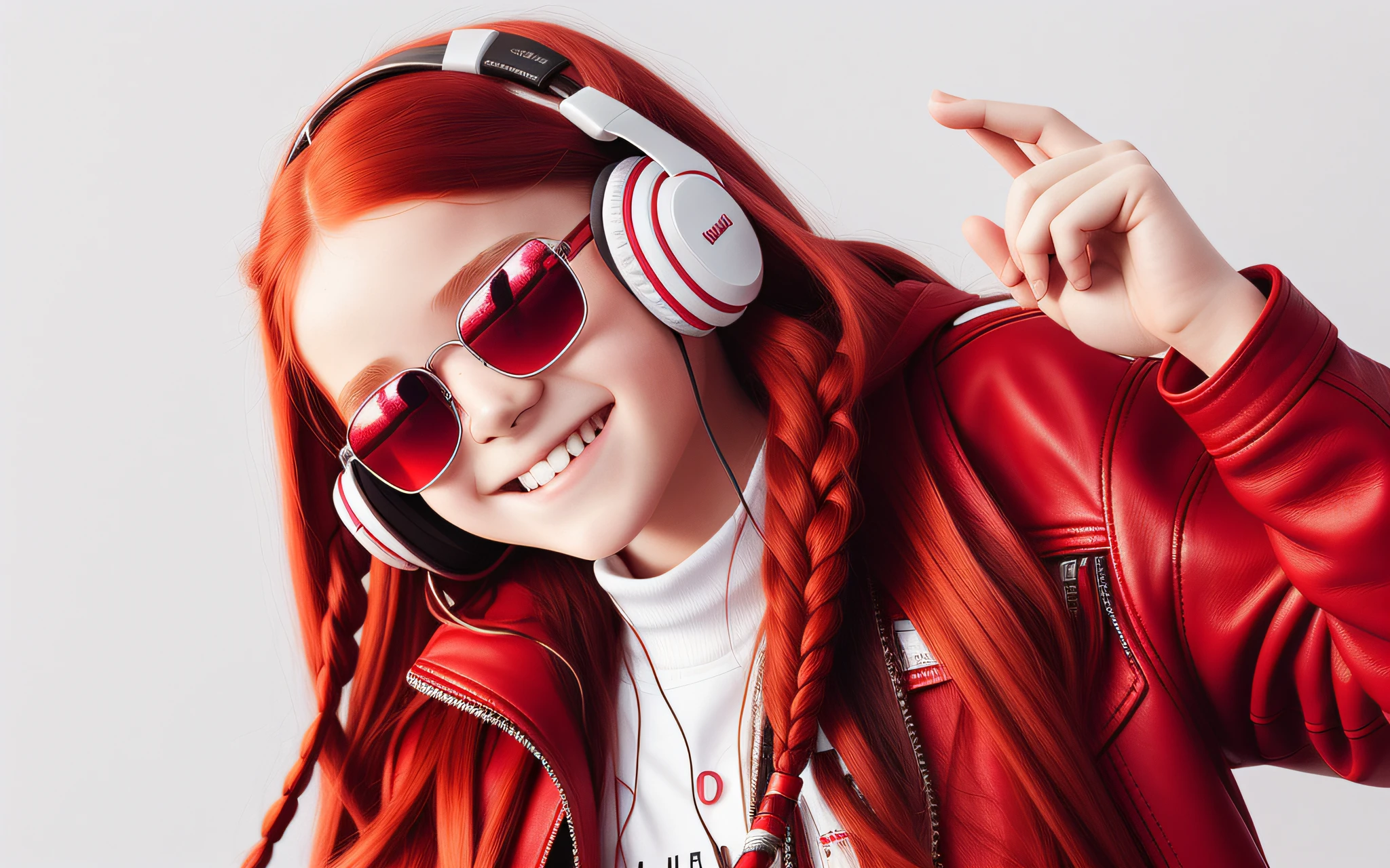 12 year old girl, long RED hair of braids, portrait, with headphones and sunglasses, smiling and holding hands up, RED LEATHER JACKET, girl wearing headphones, (white background: 1.3). , A closeup of a CD.