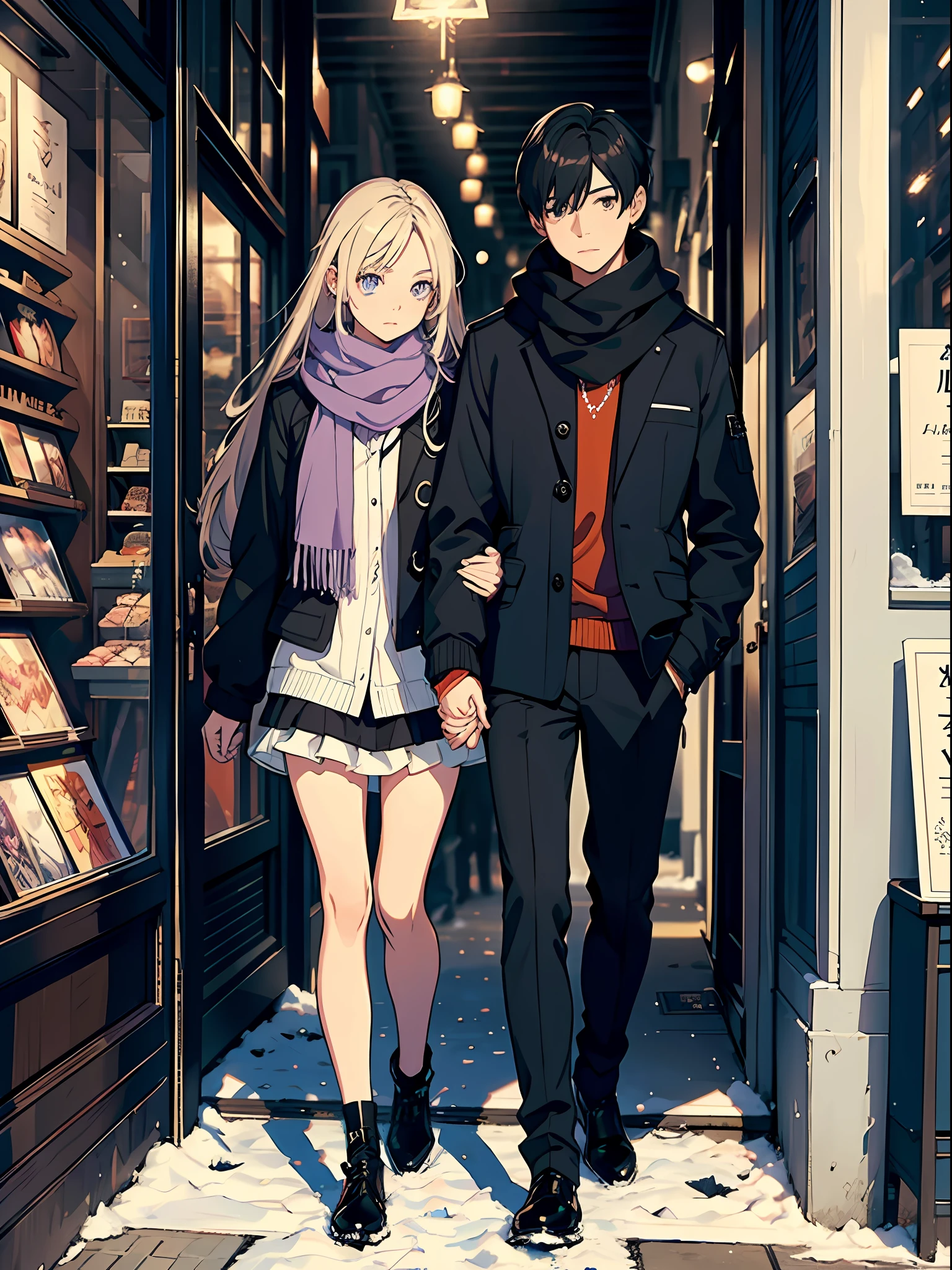 boy with short black hairand a short girl eith long blond hair are windowshopping holding hands, love, calmness, steetwera, scarf, lilac clothing for the girl, sidewalk, shops, snow, city, New York city (masterpiece, top quality, best quality, official art, beautiful and aesthetic:1.2), (1girl:1.3), (fractal art:1.3),absurd, masterpiece, best quality, realistic, hyper-detailed